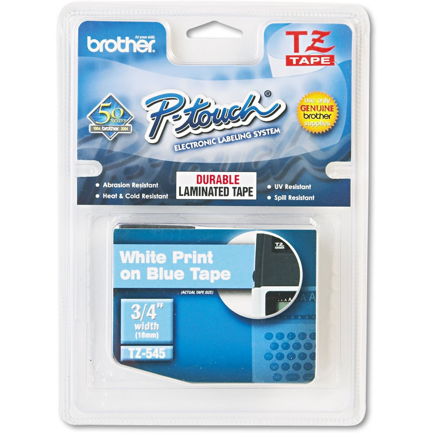 Brother Genuine P-Touch Tze-545 Tape  3/4"" (0.7"") Standard Laminated P-Touch Tape  White On Blue  For Indoor Or Outdoor Use  Water-Resistant  26.2 Ft (8 M)  Single-Pack