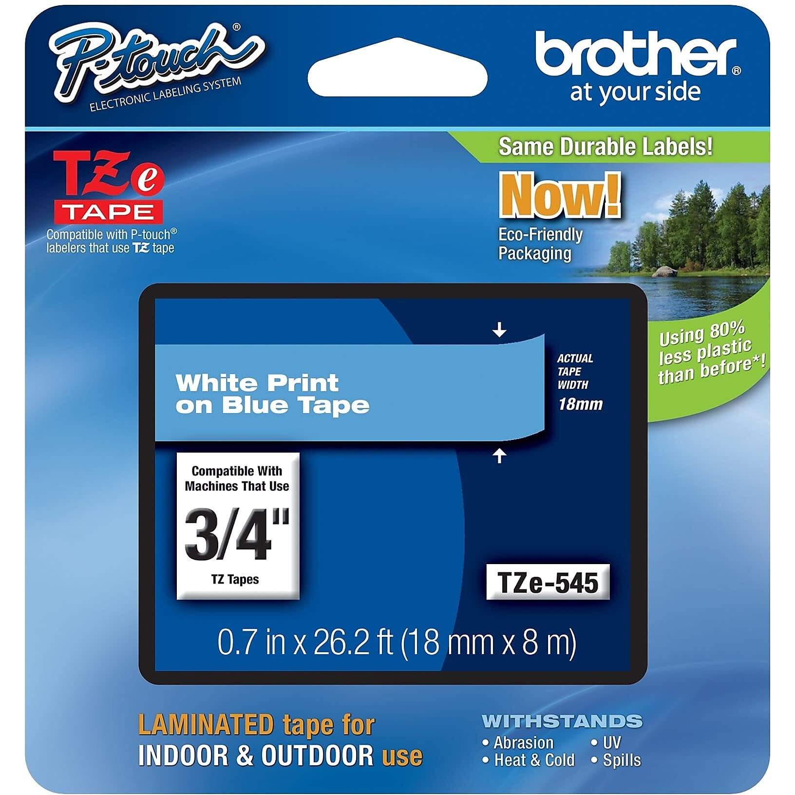 Brother Genuine P-Touch Tze-545 Tape  3/4"" (0.7"") Standard Laminated P-Touch Tape  White On Blue  For Indoor Or Outdoor Use  Water-Resistant  26.2 Ft (8 M)  Single-Pack