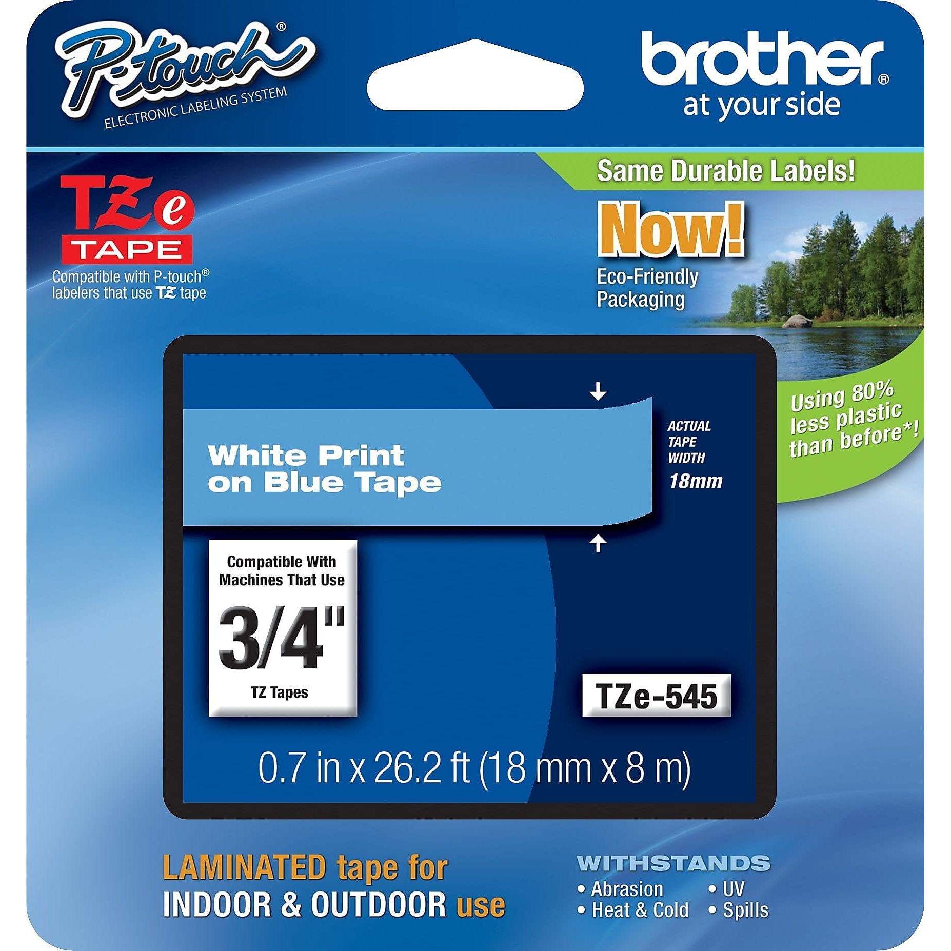 Brother Genuine P-Touch Tze-545 Tape  3/4"" (0.7"") Standard Laminated P-Touch Tape  White On Blue  For Indoor Or Outdoor Use  Water-Resistant  26.2 Ft (8 M)  Single-Pack