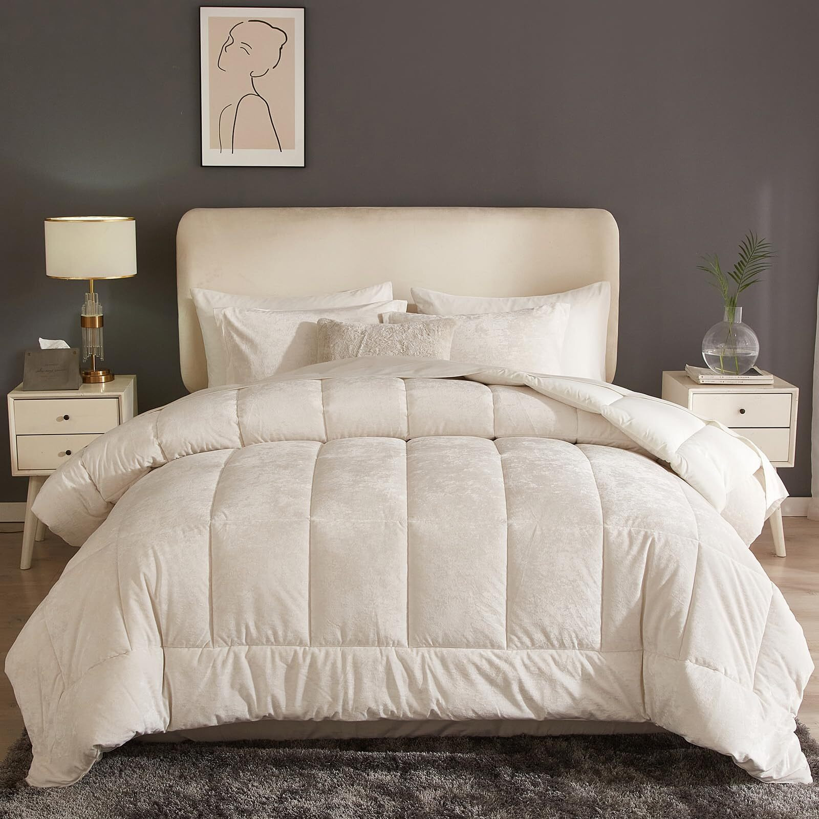 Hyprest Velvet Comforter King 3 Pcs Luxury Elegant Velvet Duvet Ultra Soft White Bedding Comforter Sets