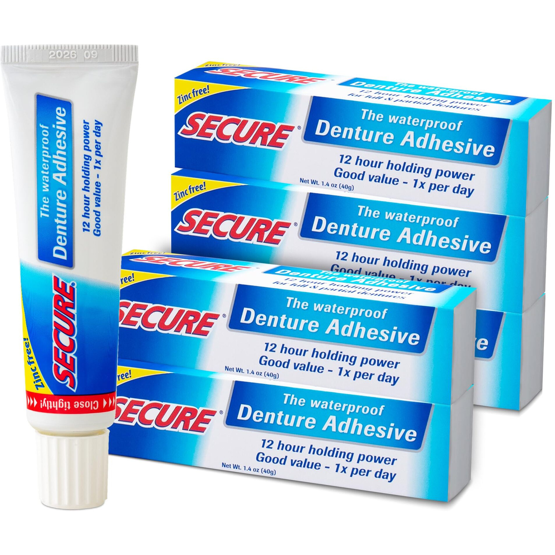 Secure Waterproof Denture Adhesive - Zinc Free - Extra Strong Hold For Upper  Lower Or Partials - 1.4 Oz (Pack Of 5)
