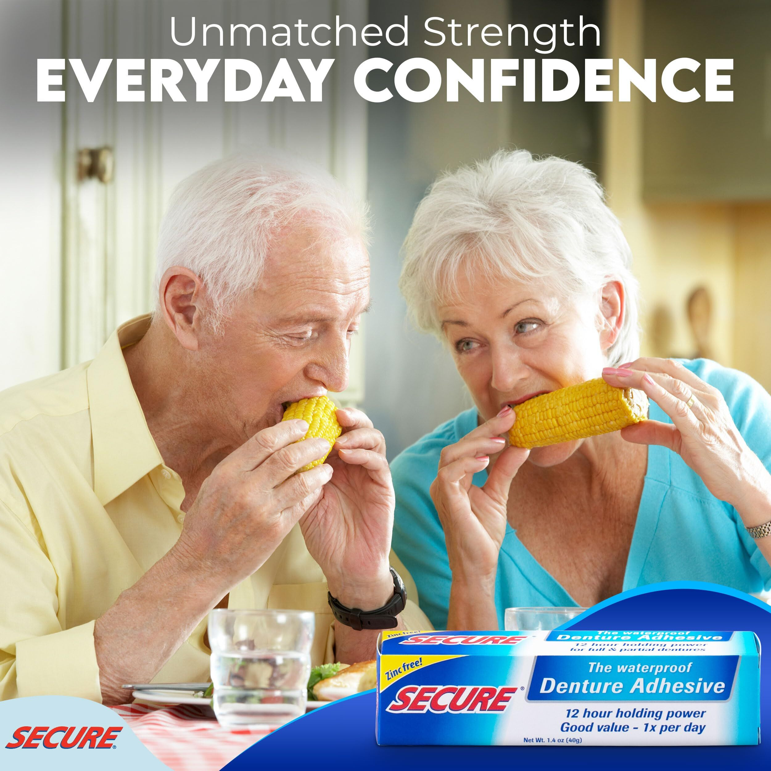 Secure Waterproof Denture Adhesive - Zinc Free - Extra Strong Hold For Upper  Lower Or Partials - 1.4 Oz (Pack Of 5)