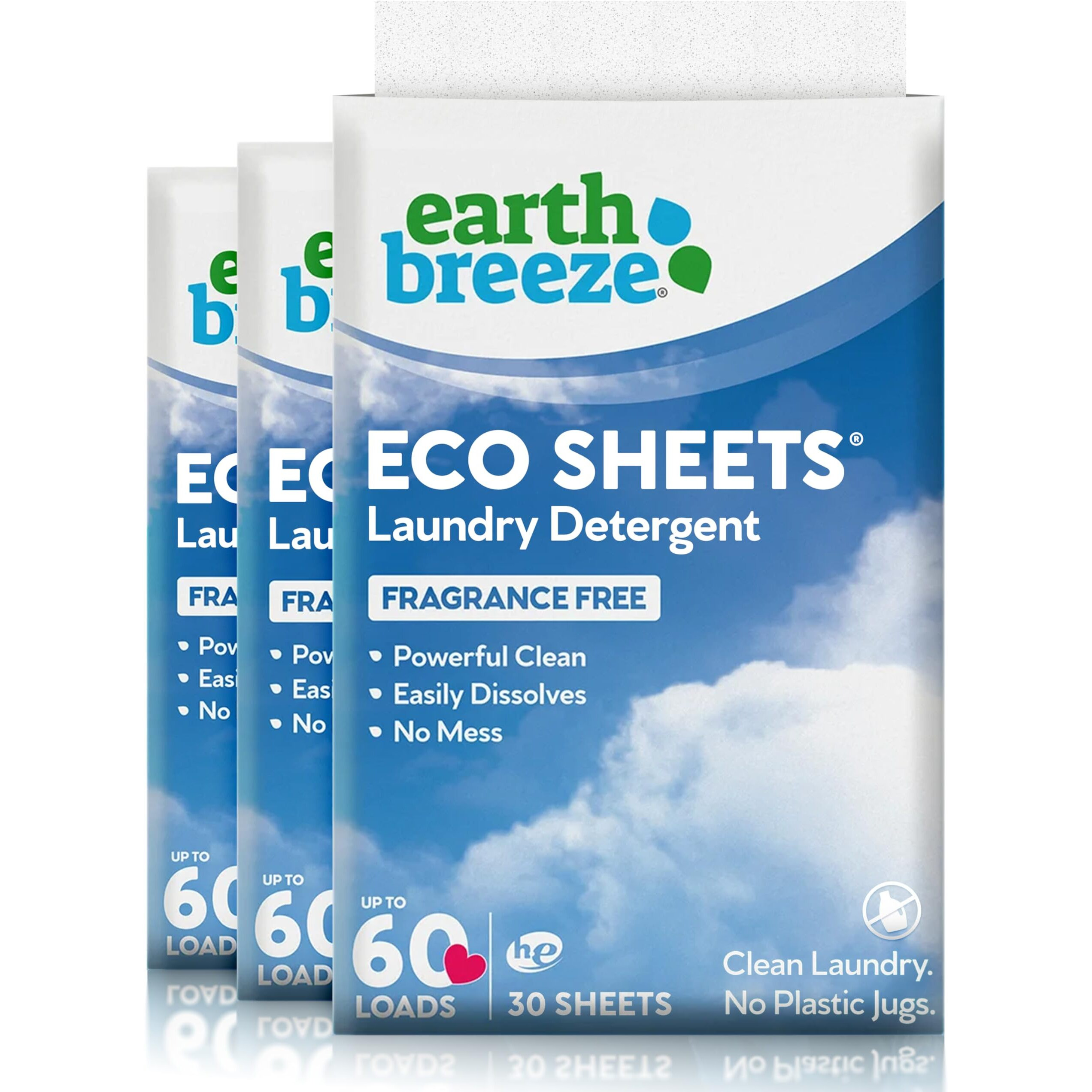 Earth Breeze Laundry Detergent Sheets - 90 Detergent Sheets (3 Pack) - 30 Sheets Per Pack - 180 Loads - Concentrated Liquidless Laundry Soap - No Plastic Jug - Fragrance-Free