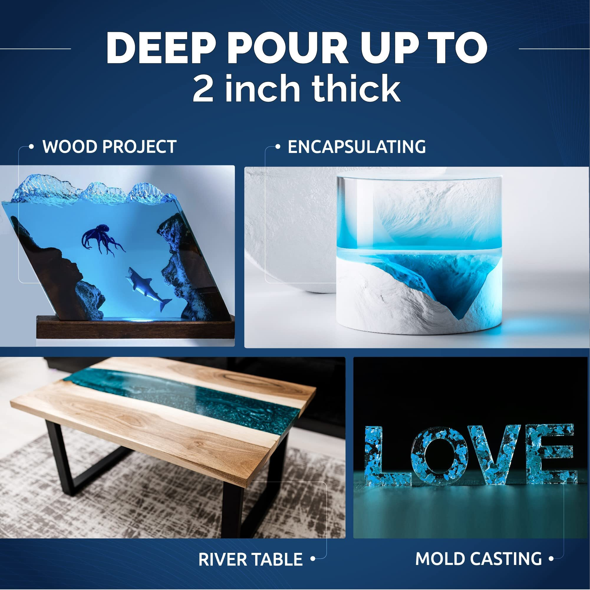 Deep Pour Epoxy Resin 1.5 Gallon Kit - 2-4"" Pour Depths Crystal Clear Casting Resin For River Table  Mold  Flower And Wood - Bubble Free  Self-Leveling  Food Safe  Heat & Uv Resistant