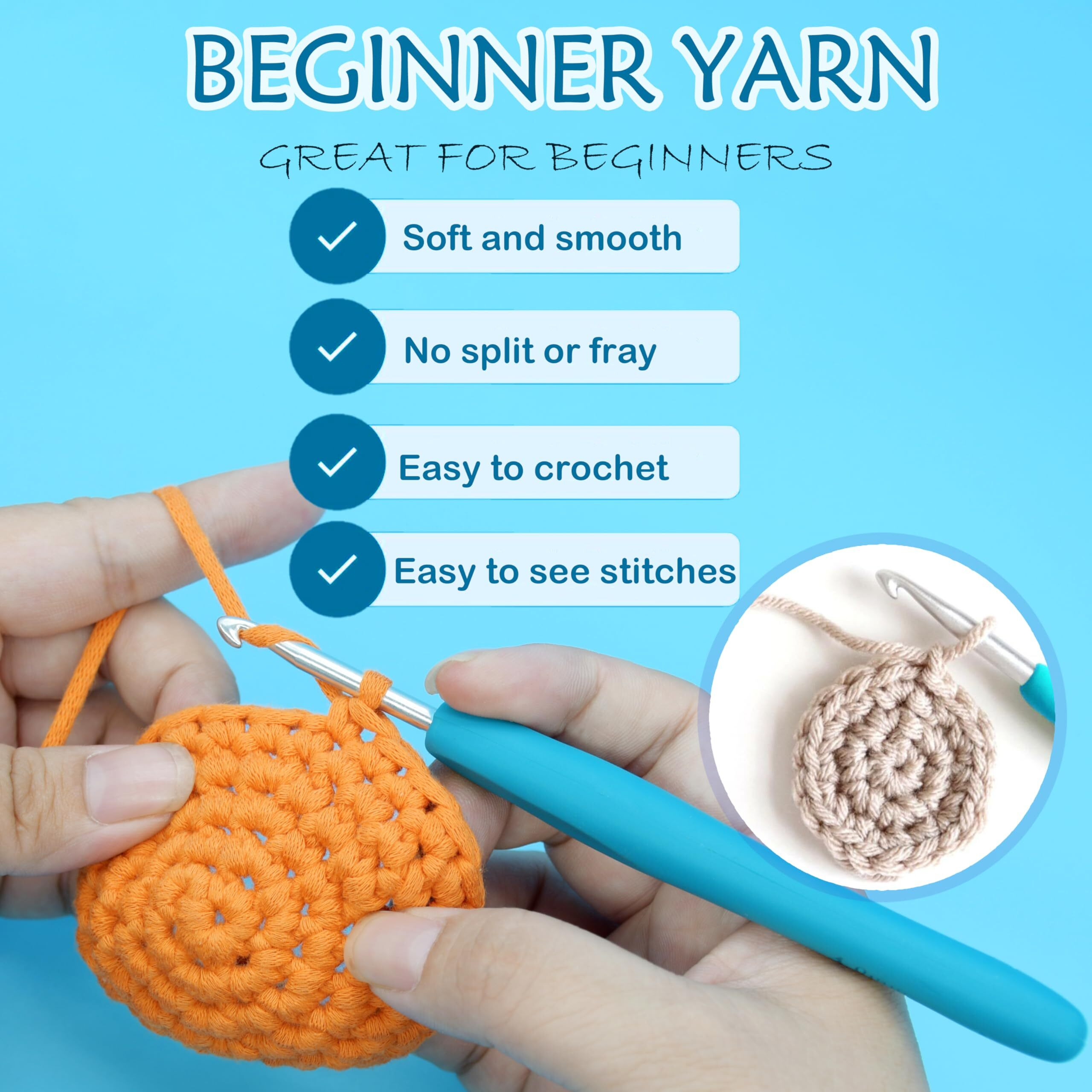 6 Pack Beginners Crochet Yarn Blue Green Pink Red Yellow Orange Cotton Crochet Yarn For Crocheting Knitting Beginners With Easy-To-See Stitches Mini Crochet Yarn For Beginners-Bright Series