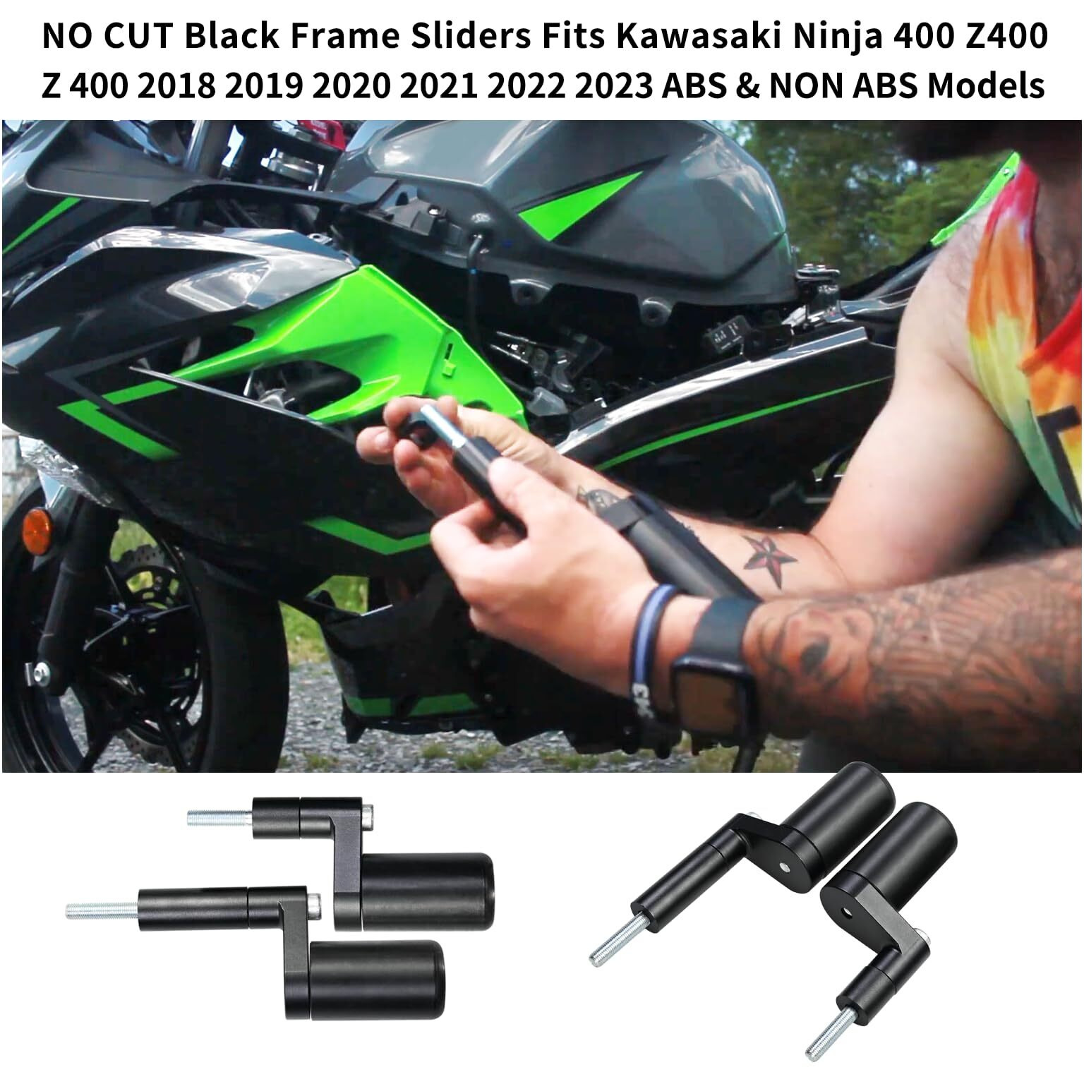 Vanshly No Cut Black Frame Sliders Fits Kawasaki Ninja 400 Z400 Z 400 2018 2019 2020 2021 2022 2023 Abs & Non Abs Models 750-4159