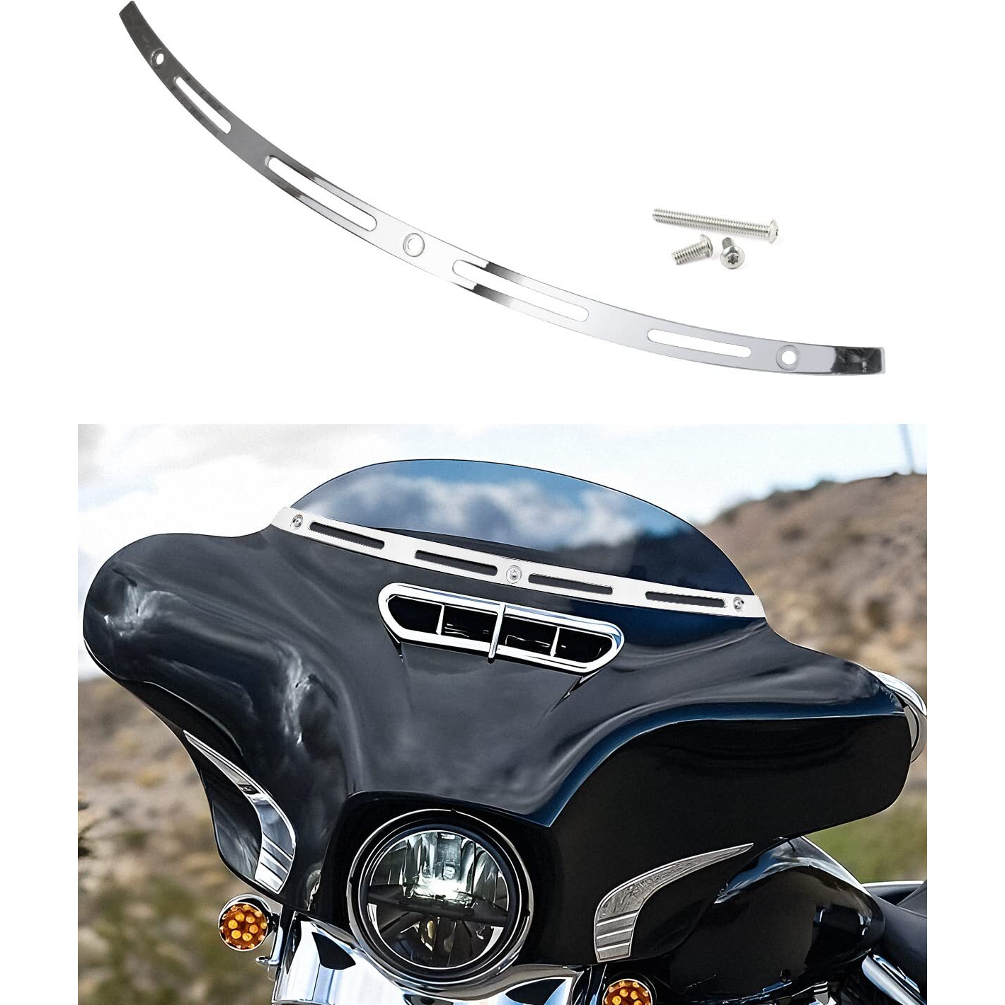 Anonemoto Slotted Windshield Trim Chrome Stainless Windscreen Trim Compatible For Harley 2014-2024 Touring Ultra Limited Street Glide Electra Glide Tri Glide Cnc Cut