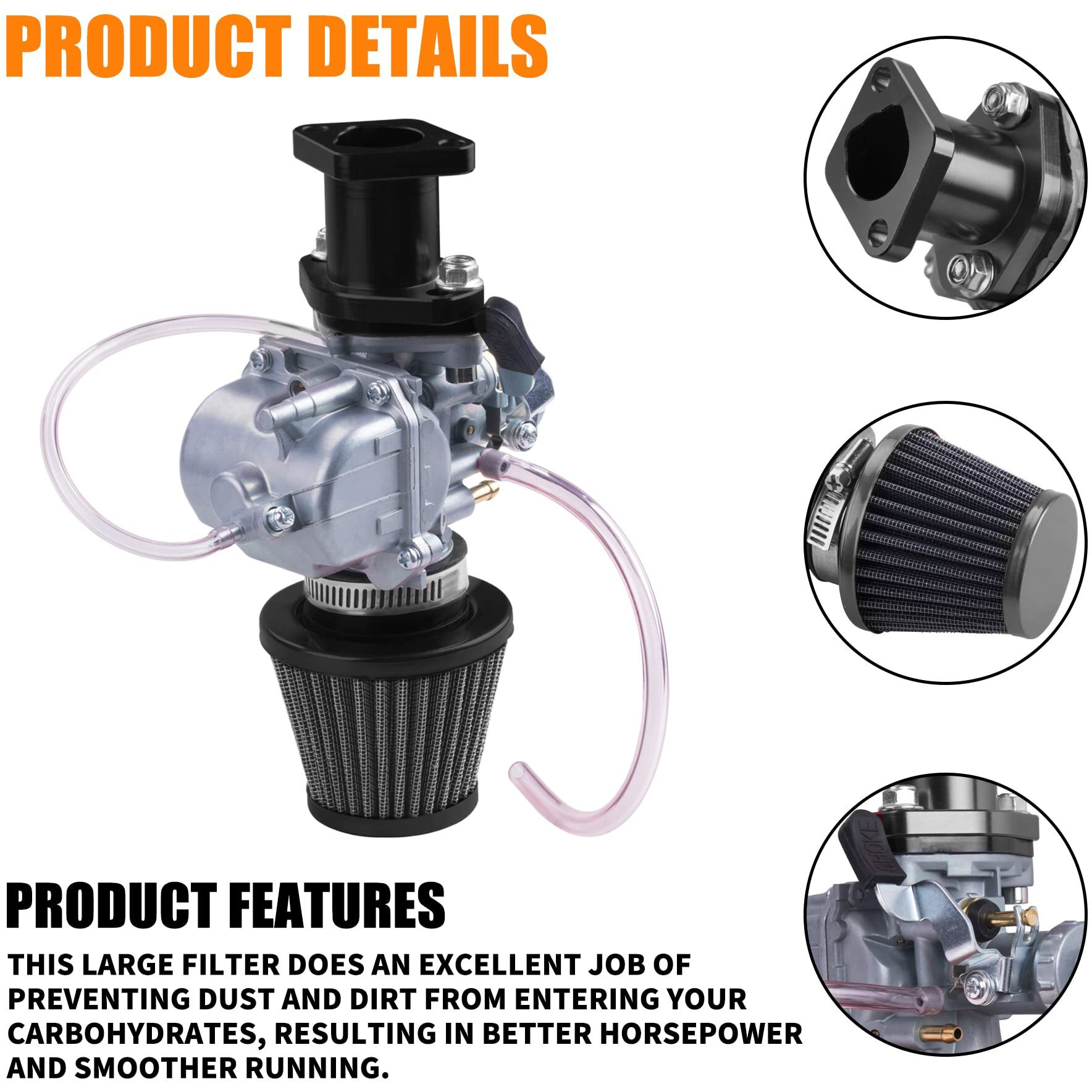 Oraevy Vm22 26Mm Carburetor Carb Kit Fit For Performance Intake Pipe Mainfold 38Mm Air Filter Fit For Predator 212Cc Gx160 Honda Gx200 Ct200U 196Cc Kt197 Clones Go Kart Mini Bike Race Kart (Black)