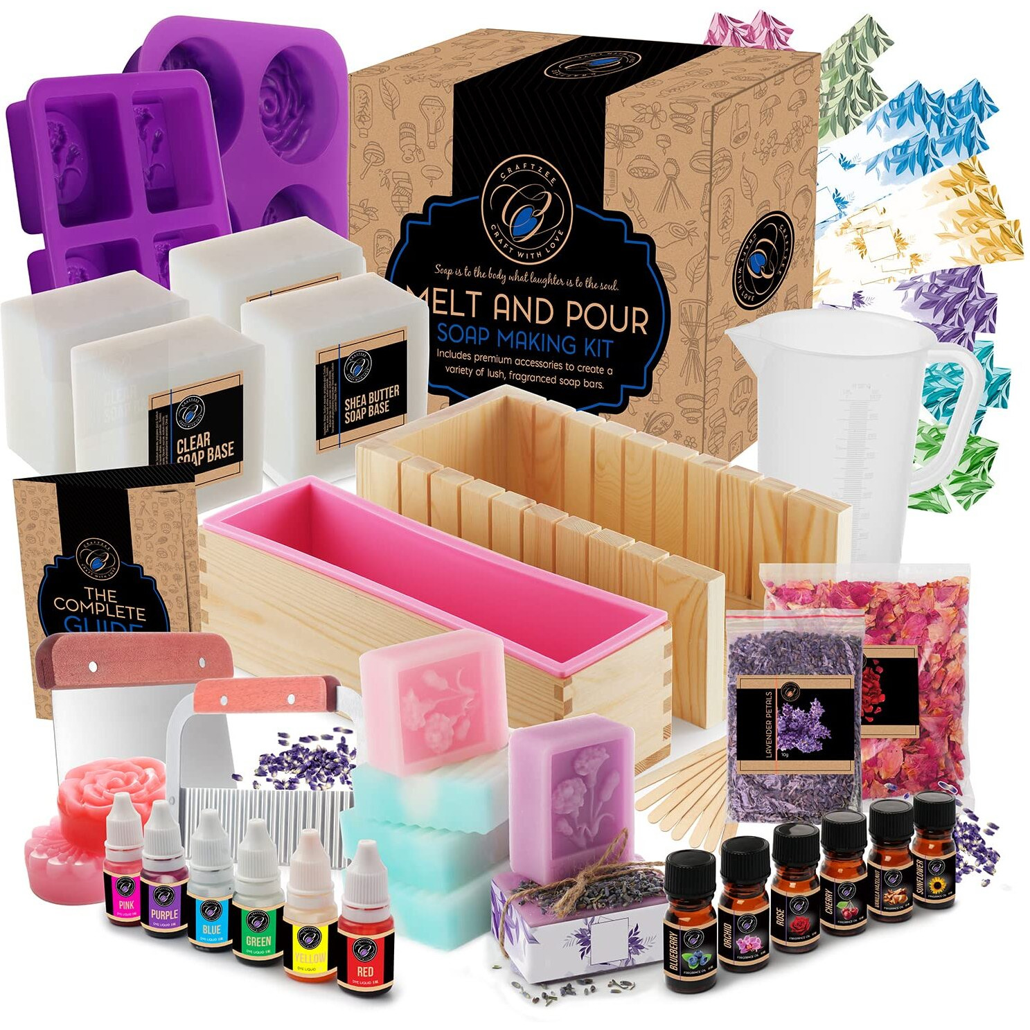 Craftzee Mothers Day Gifts - Large Soap Making Kit For Adults And Kids - Soap Making Supplies With Soap Base  Soap Cutter Box  Silicone Loaf Molds  Fragrances & More Melt And Pour Diy Craft Kits