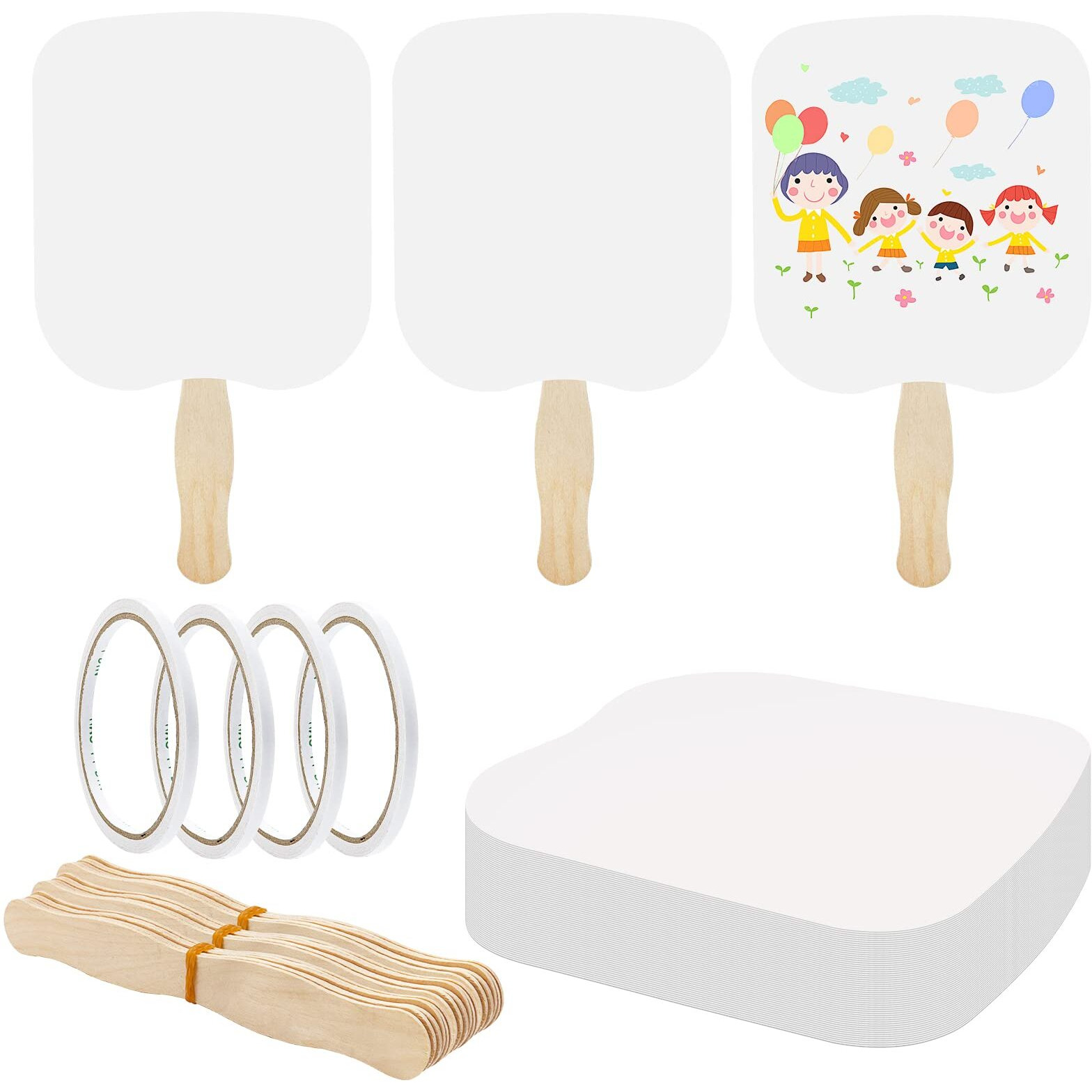 Fansunta 30 Pieces Church Fans Handheld Set  Including Fan Handle Craft Sticks Wavy Wooden Sticks  Blank White Cardstock  Double Sided Tape Church Fans For Diy Crafting Painting