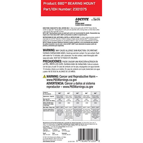 Loctite 680 High Strength Bearing Mount For Relaxed Fits  O.E.M. Specified  Anaerobic  High Strength  Medium Viscosity  Slip Fit Assemblies | 36 Ml. Bottle (Pn 2301375)