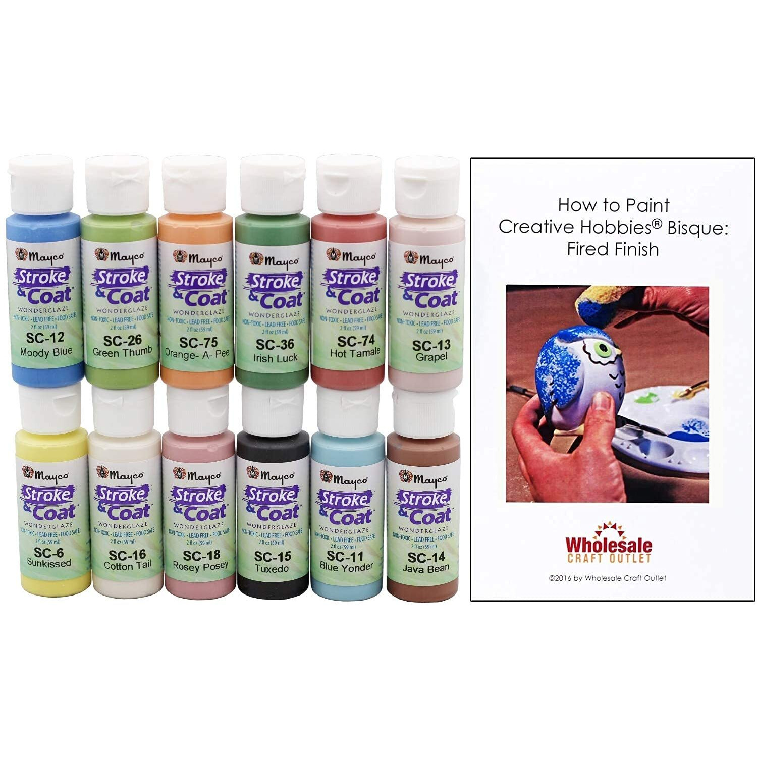 Creative Hobbies Mayco Stroke And Coat Glaze For Ceramics Kit 1 | 12 Assorted 2 Oz Jars With How To Paint Pottery Book