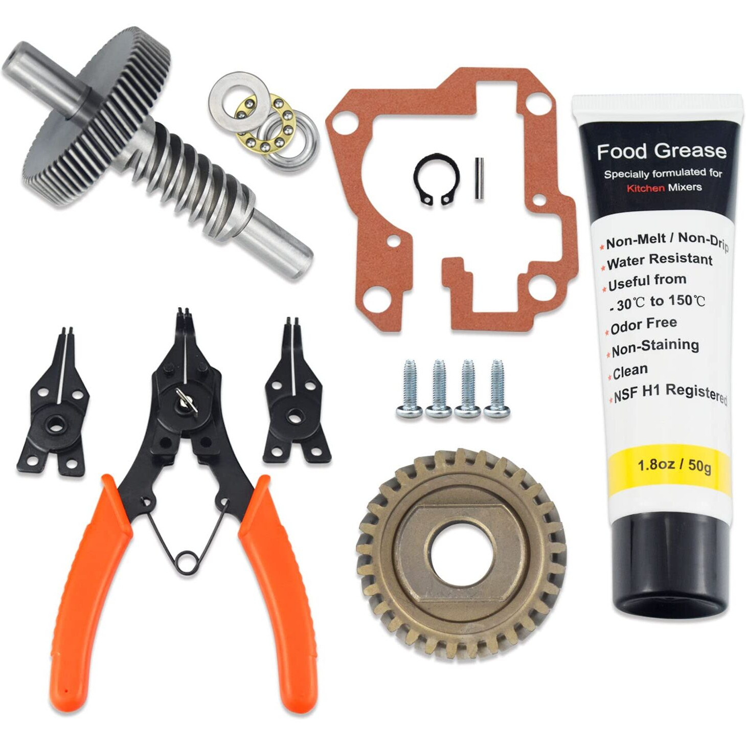 Huthbrother Worm Gear Kit Compatible With Whirlpool 5Qt&6Qt 9709231 Replacement Gear Parts With 9703445 Bearing & Gear 9706529 With The 9709511 Gasket And 9703680 Circlip & 1.8 Oz Food Grade Grease