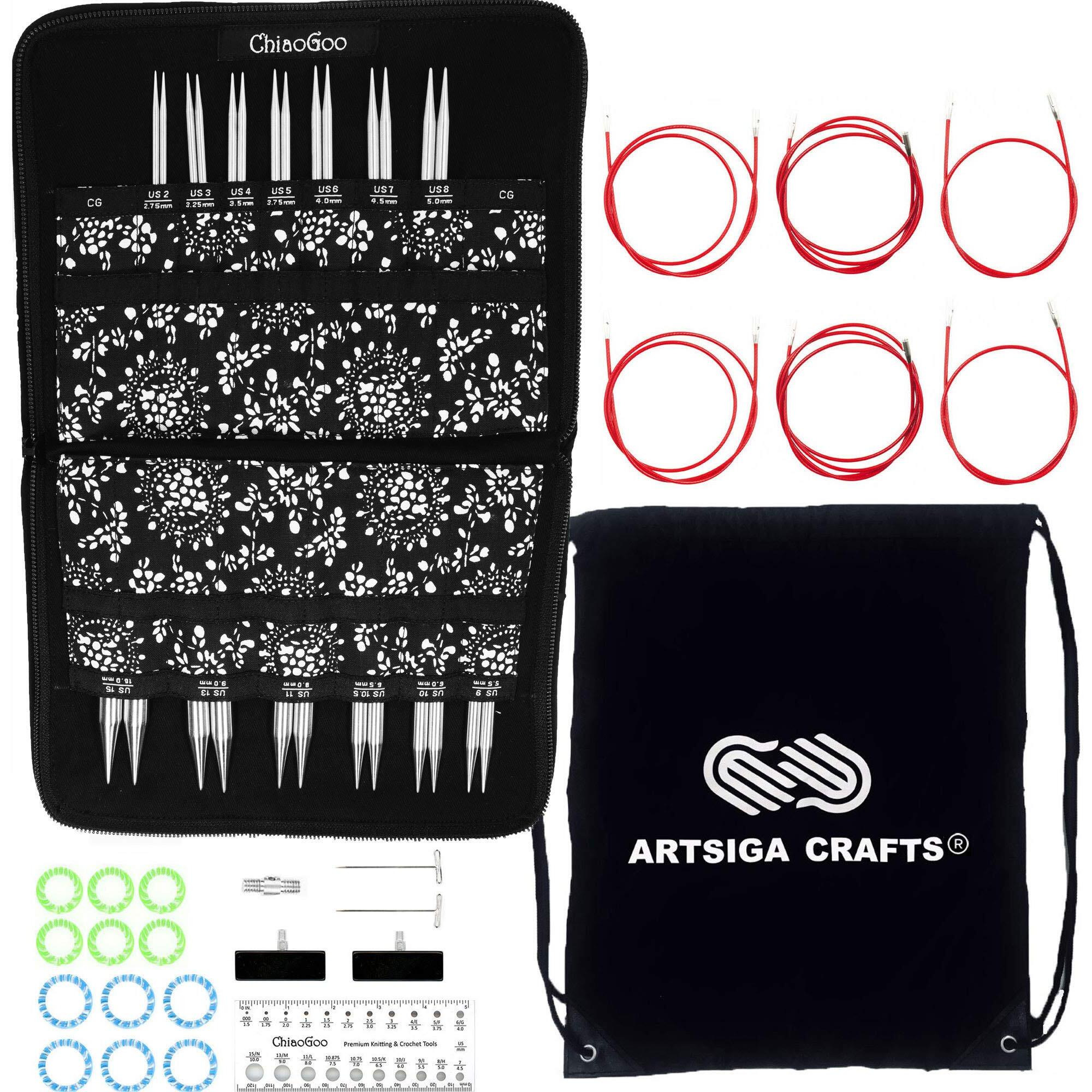 Chiaogoo Twist Red Lace 4-Inch Complete 7400-C Interchangeable Circular Knitting Needle Set  Sizes Us 2  3  4  5  6  7  8  9  10  10.5  11  13  15 With 6 Cords Bundle With 1 Artsiga Crafts Project Bag