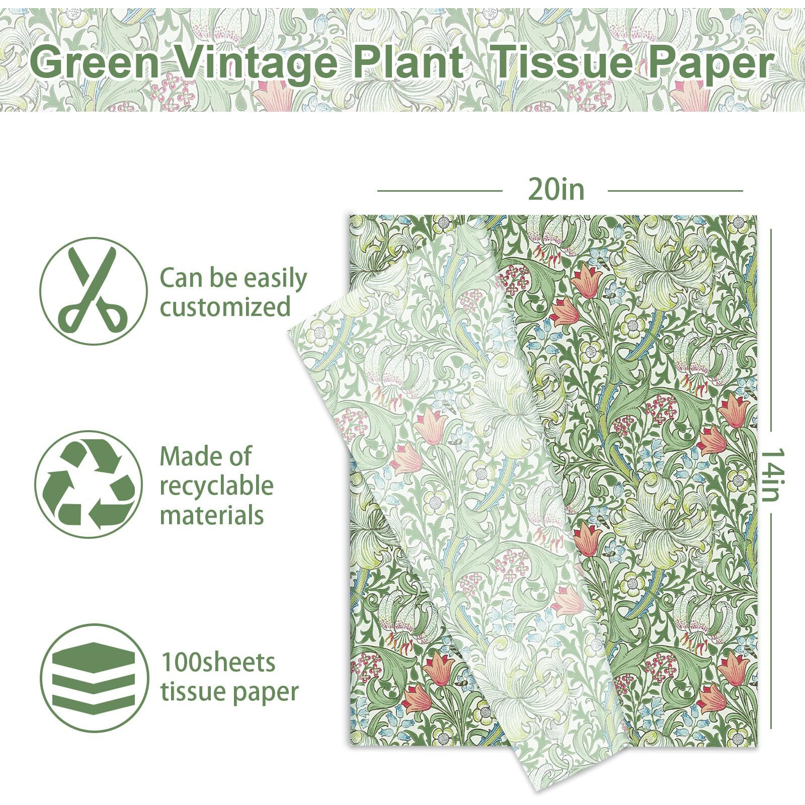 Jarthenaamcs 100 Sheets Vintage Floral Tissue Paper Greenery Gift Wrapping Paper Green Flower Decorative Art Paper For Diy Crafts Birthday Baby Shower Party Home Supplies  14 X 20 Inch