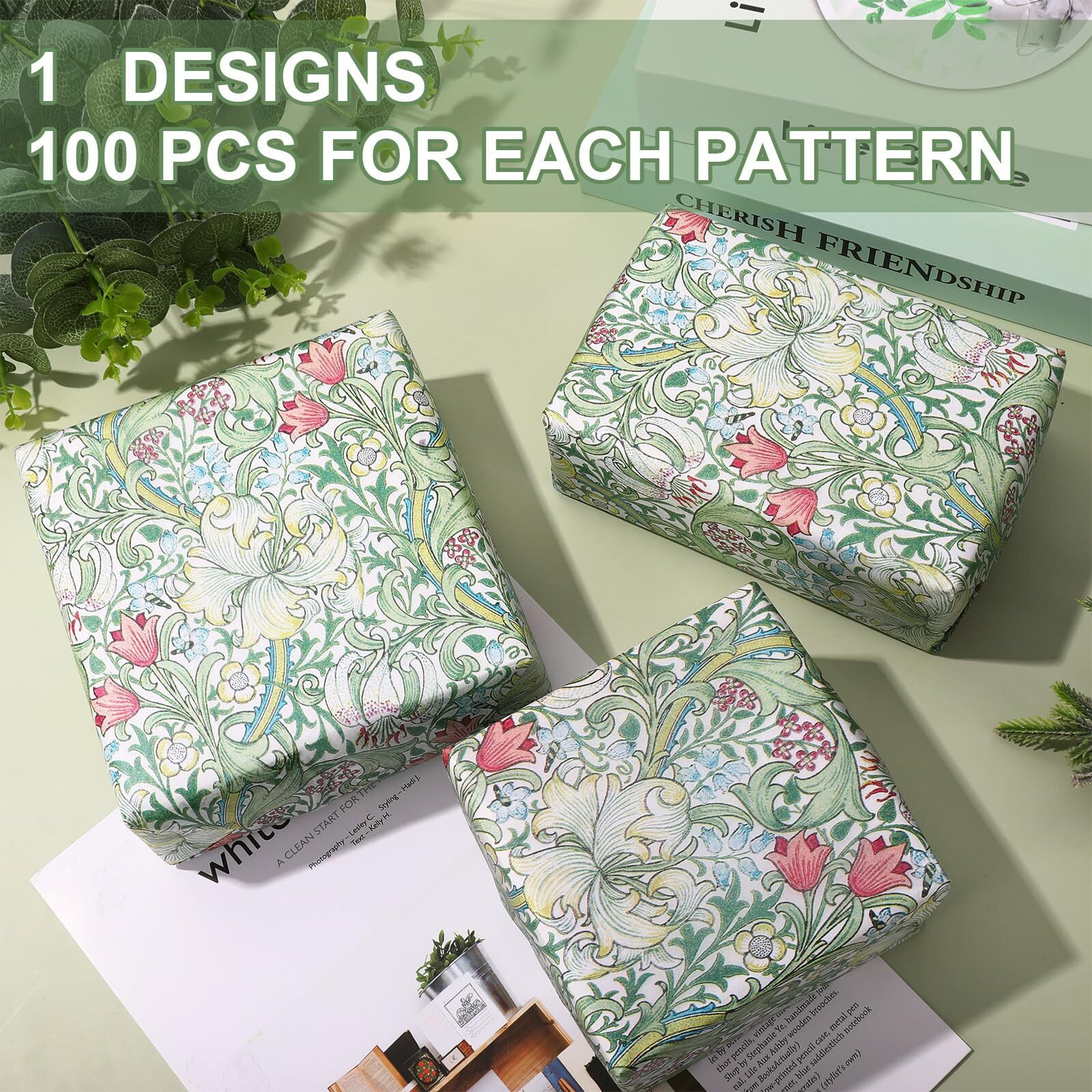Jarthenaamcs 100 Sheets Vintage Floral Tissue Paper Greenery Gift Wrapping Paper Green Flower Decorative Art Paper For Diy Crafts Birthday Baby Shower Party Home Supplies  14 X 20 Inch