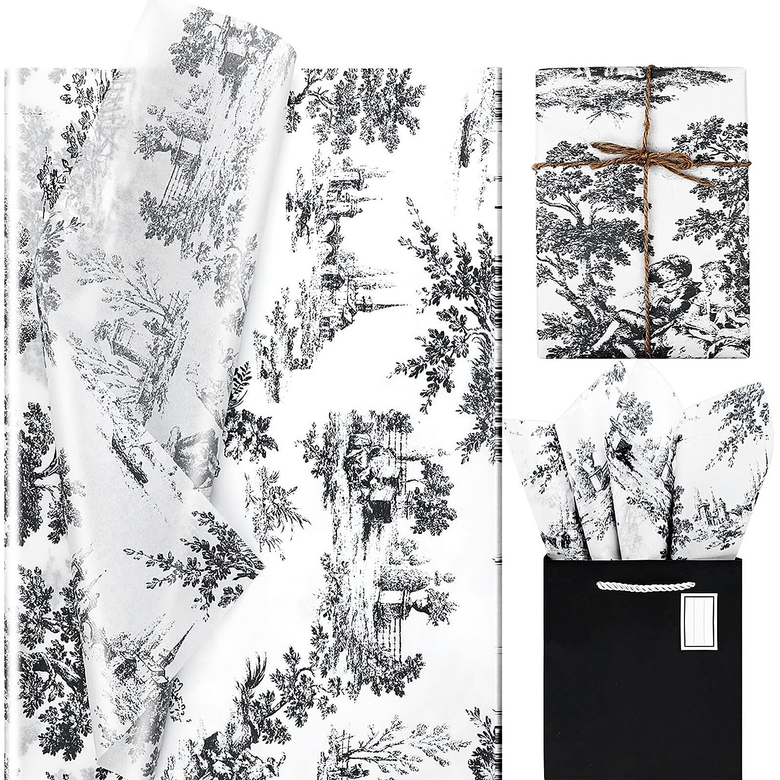 80 Sheets 20 * 14 Inches Vintage Print Tissue Paper For Gift Wrapping  Blue French Toile Gift Wrap Tissue Paper  Retro Decorative Tissue Paper For Wedding Birthday Bridal Shower Diy Craft (Black)