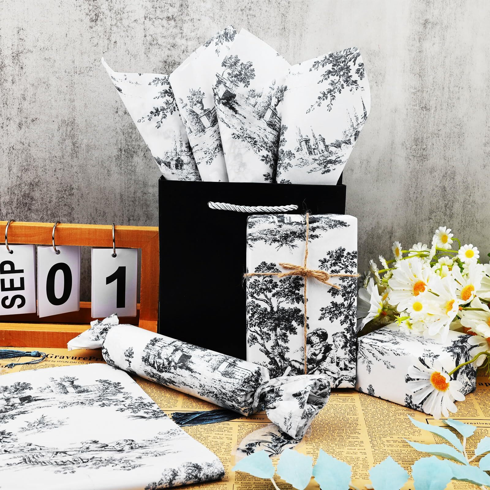 80 Sheets 20 * 14 Inches Vintage Print Tissue Paper For Gift Wrapping  Blue French Toile Gift Wrap Tissue Paper  Retro Decorative Tissue Paper For Wedding Birthday Bridal Shower Diy Craft (Black)