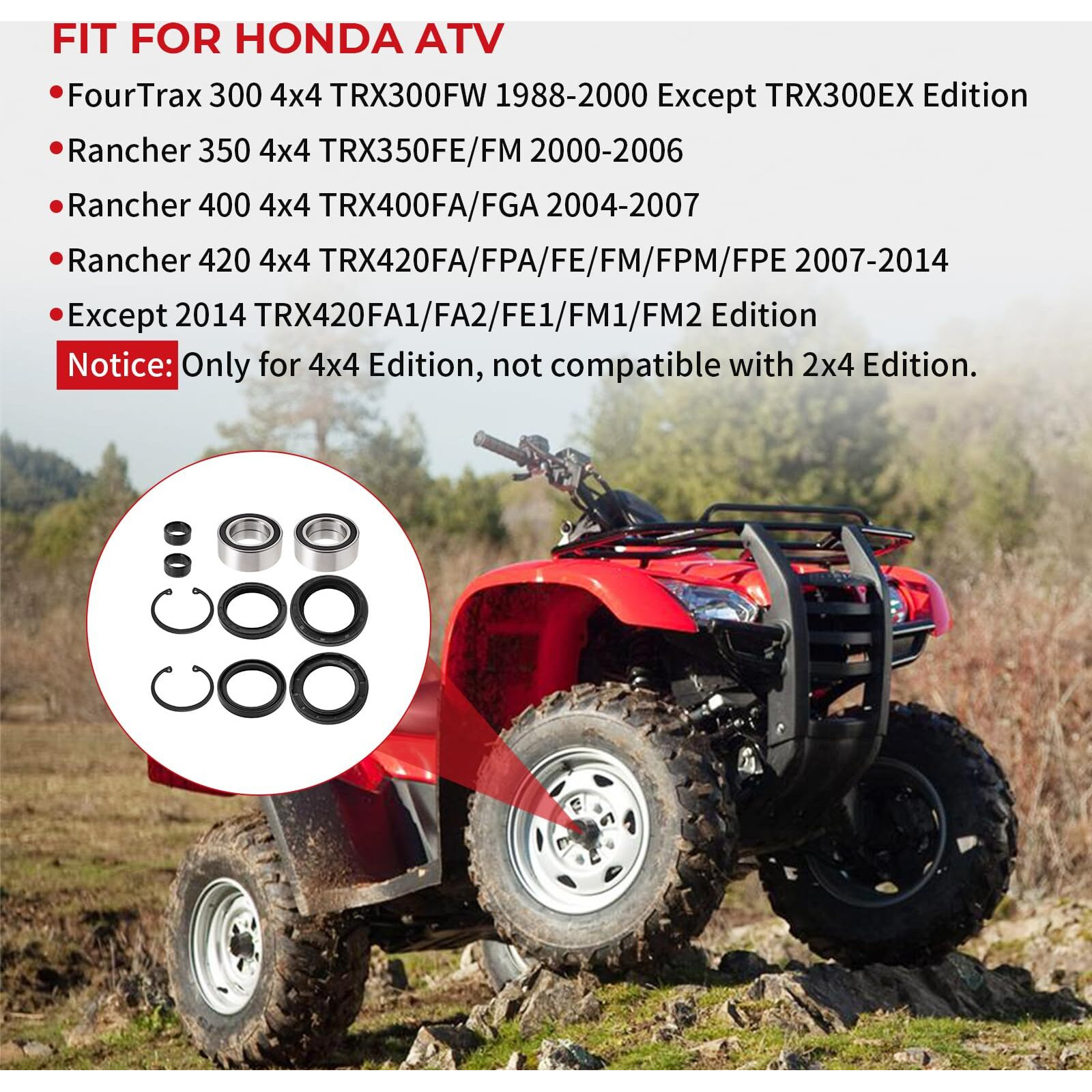 Front Wheel Bearings Seals For Honda Fourtrax 300 Rancher 350 400 420 Only For 4X4  Oem 91051-Hc5-003 91209-Hn2-003 91256-Hc5-003