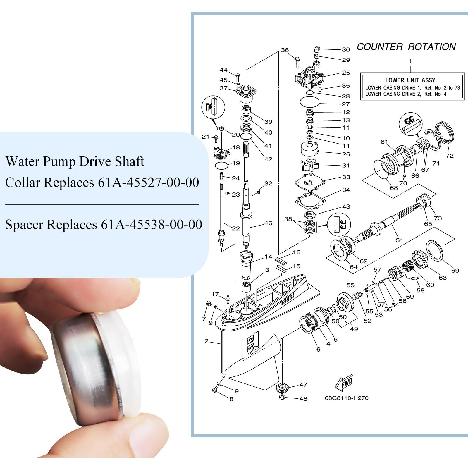 New Replacement Yamaha Outboard Water Pump Drive Shaft Collar Part 61A-45527-00-00  Spacer Part 61A-45538-00-00  Fit For Mercury 225 Efi (4-Stroke)  Yamaha 2-Stroke 115Hp-300Hp  4-Stroke 115Hp-225Hp