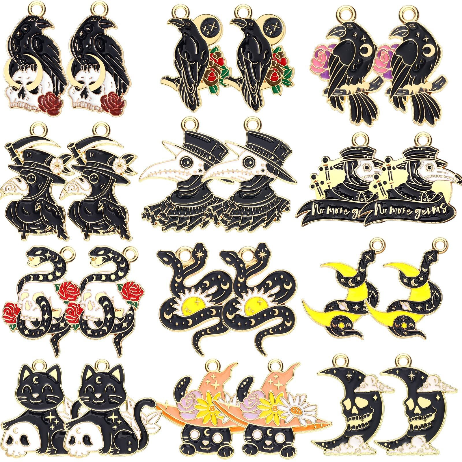Sasylvia 48 Pcs Halloween Charms For Jewelry Making Black Gothic Charms Include 12 Style Crow Skull Snake Cat Moon For Halloween Party Decoration Gifts Diy Art Craft