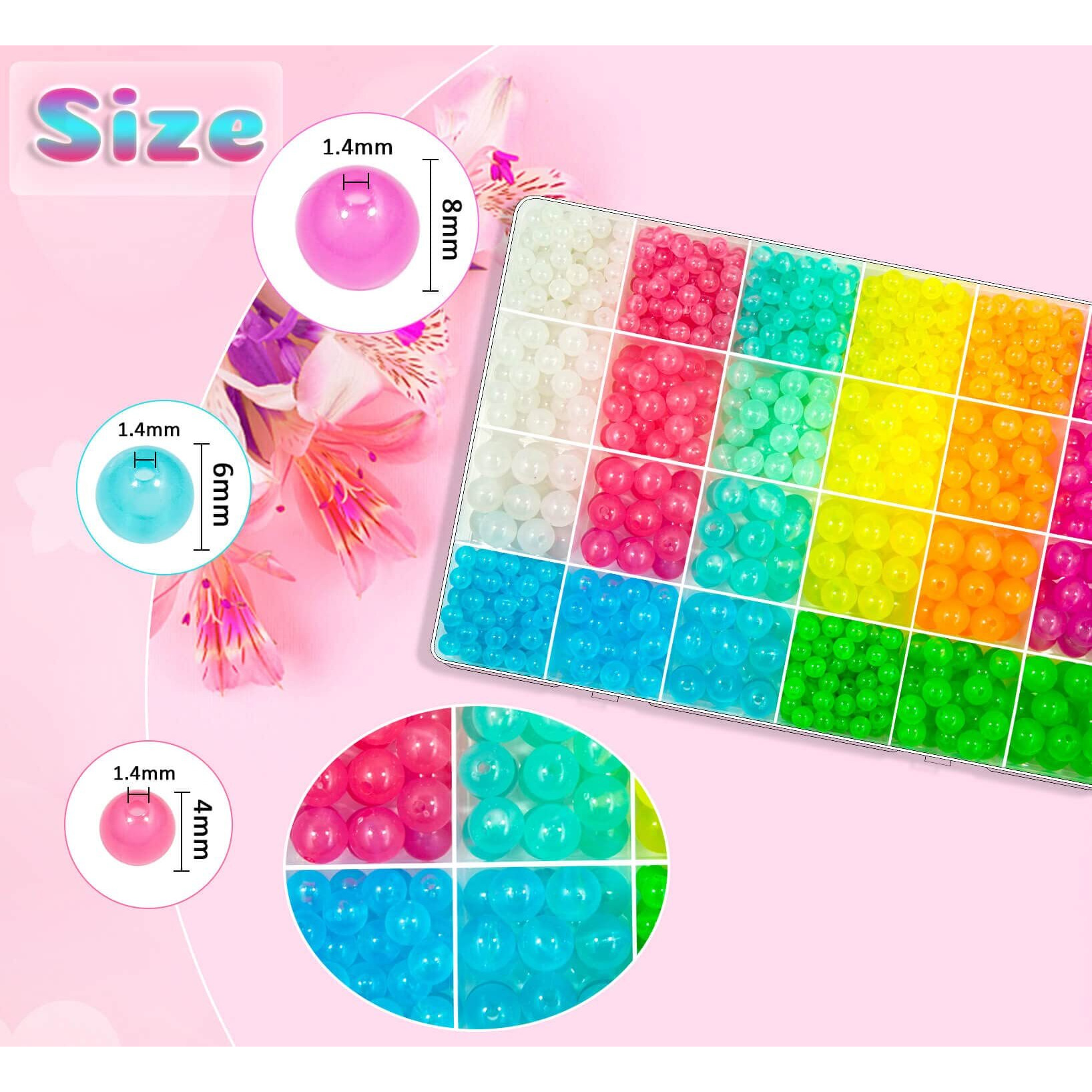 1000Pcs Glow In The Dark Beads Acrylic Luminous Round Beads  6Mm 8Mm 10Mm Colorful Glowing Plastic Pastel Beads Spacer Beads For Diy Jewelry Craft Necklace Bracelet (Glow)
