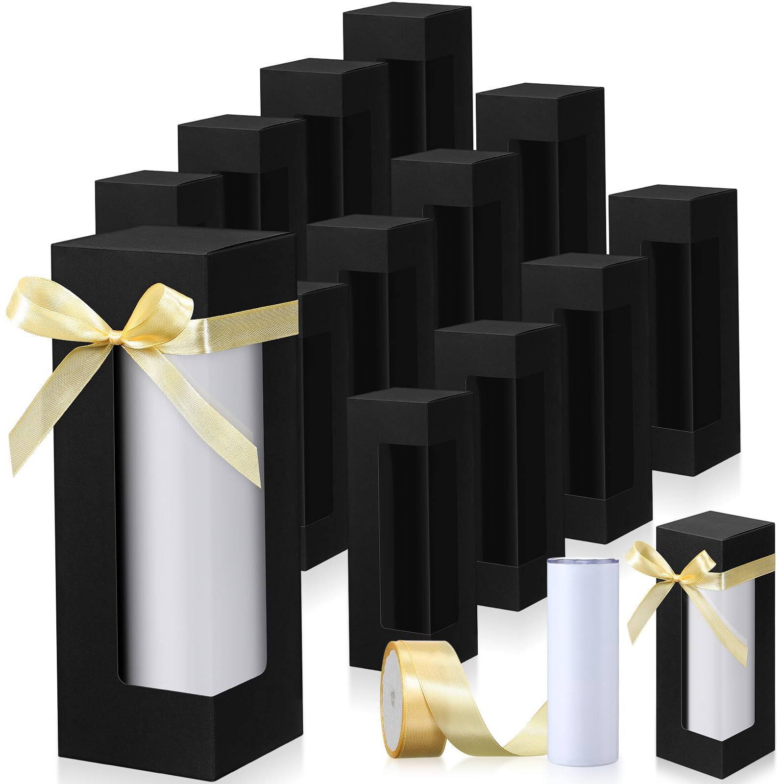 Perkoop 36 Pcs Gift Boxes With Ribbon For Sublimation Tumbler Transparent Gift Box Tumbler Boxes Exhibition Boxes 12 Oz  20 Oz  30 Oz Heat Press Sublimation Blanks Skinny Tumbler Gift Wrapping (Black)