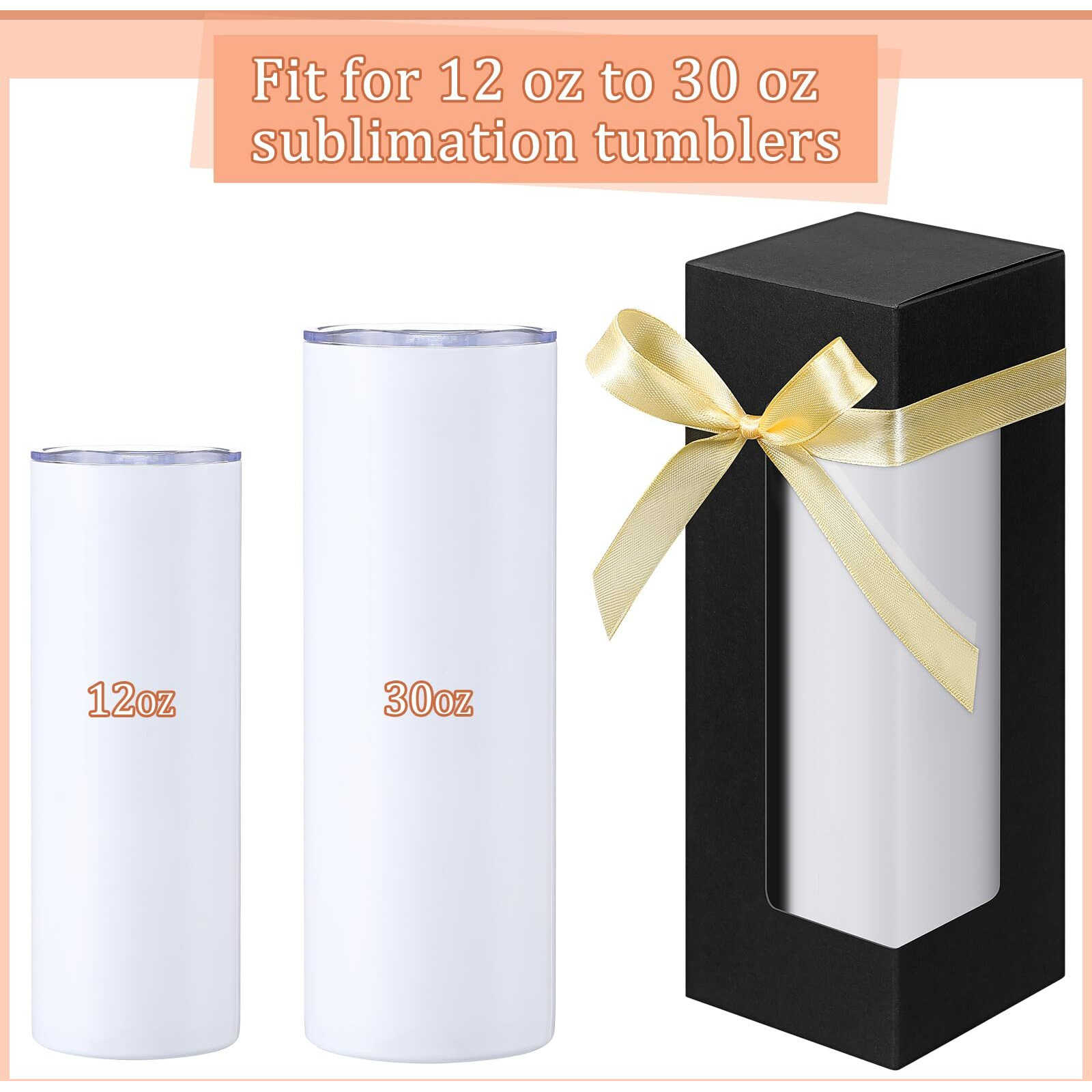 Perkoop 36 Pcs Gift Boxes With Ribbon For Sublimation Tumbler Transparent Gift Box Tumbler Boxes Exhibition Boxes 12 Oz  20 Oz  30 Oz Heat Press Sublimation Blanks Skinny Tumbler Gift Wrapping (Black)