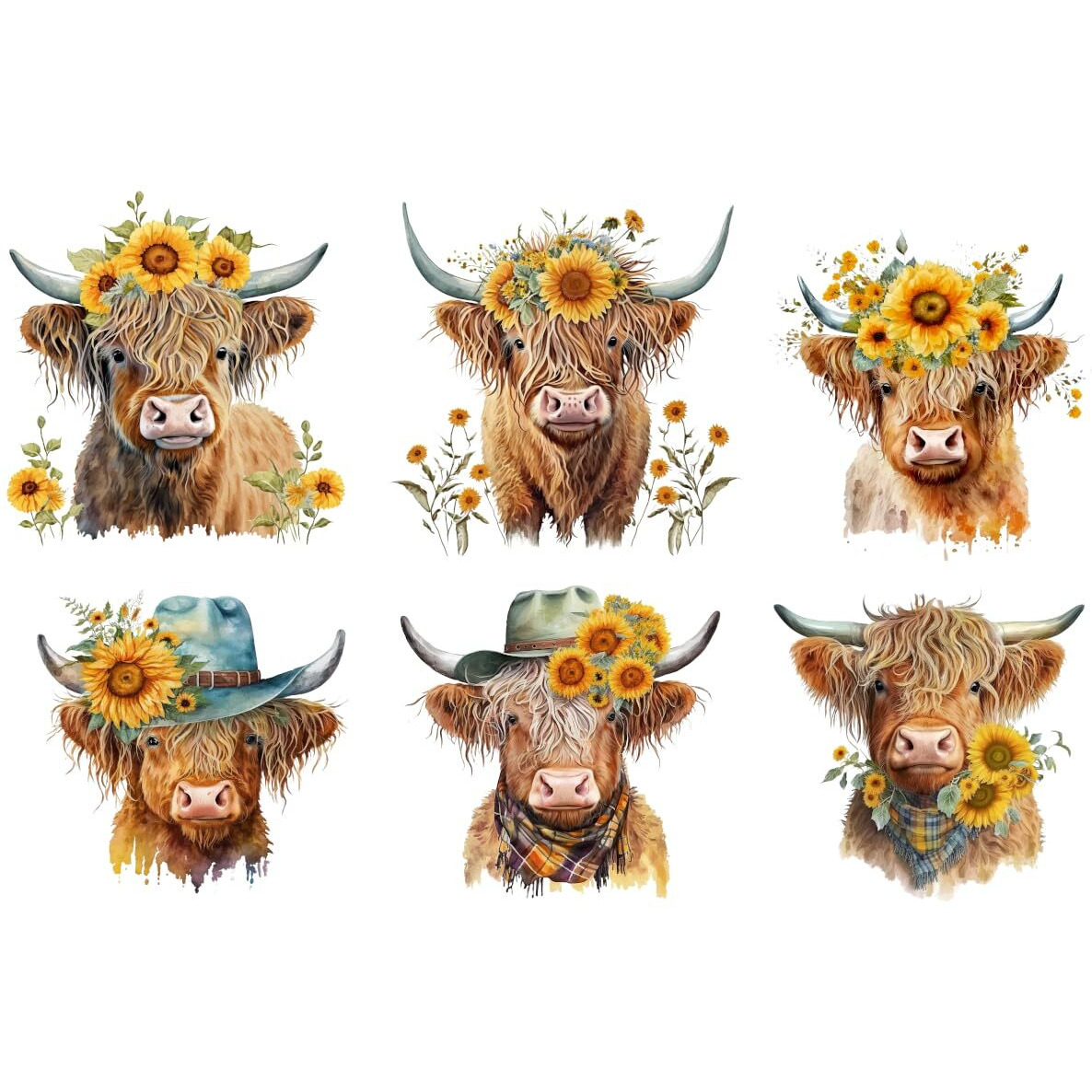 6 Piece 6"&quotX6"" Sunflower Highland Cows 100% Cotton Fabric Panel Squares - Quilting Panel Blocks