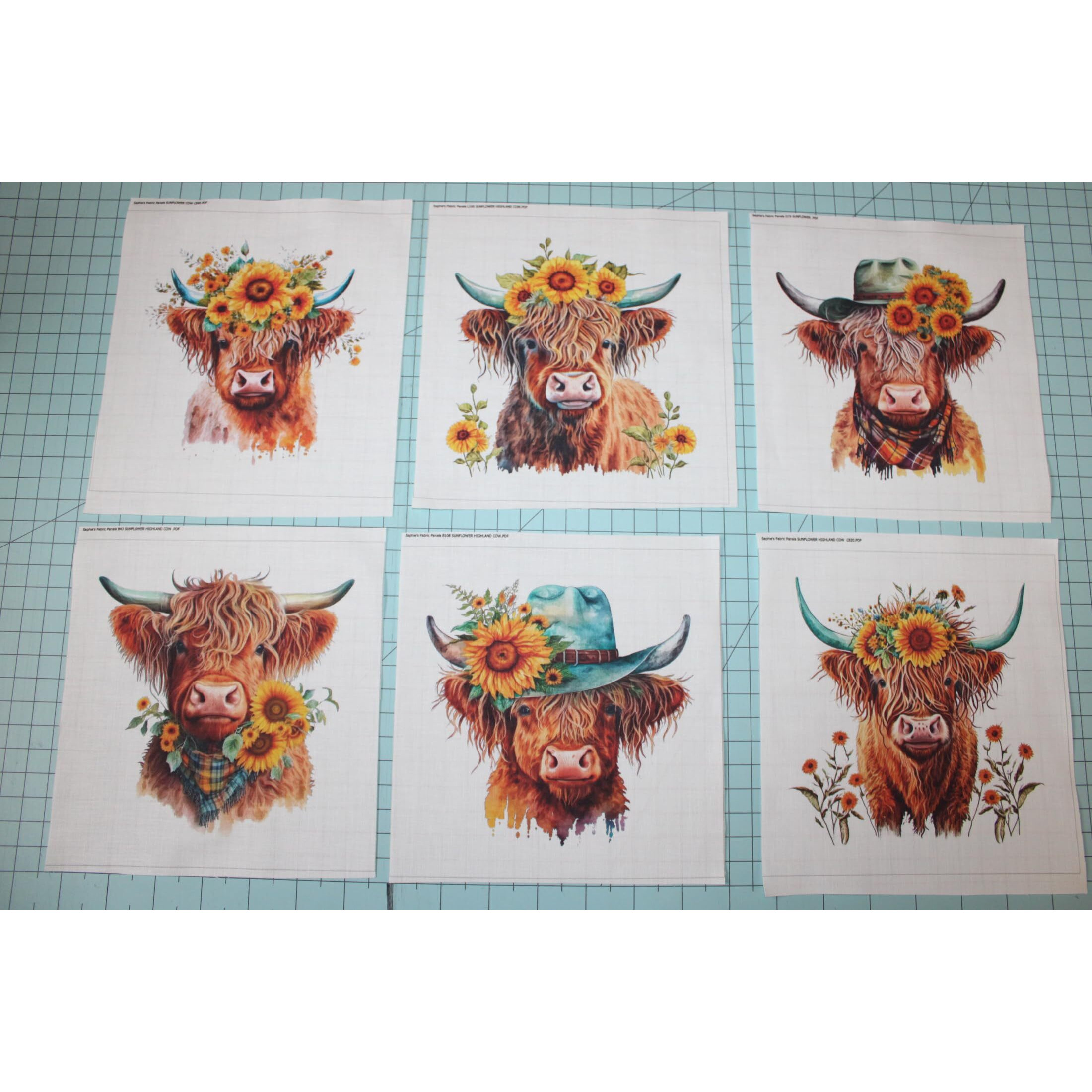6 Piece 6"&quotX6"" Sunflower Highland Cows 100% Cotton Fabric Panel Squares - Quilting Panel Blocks