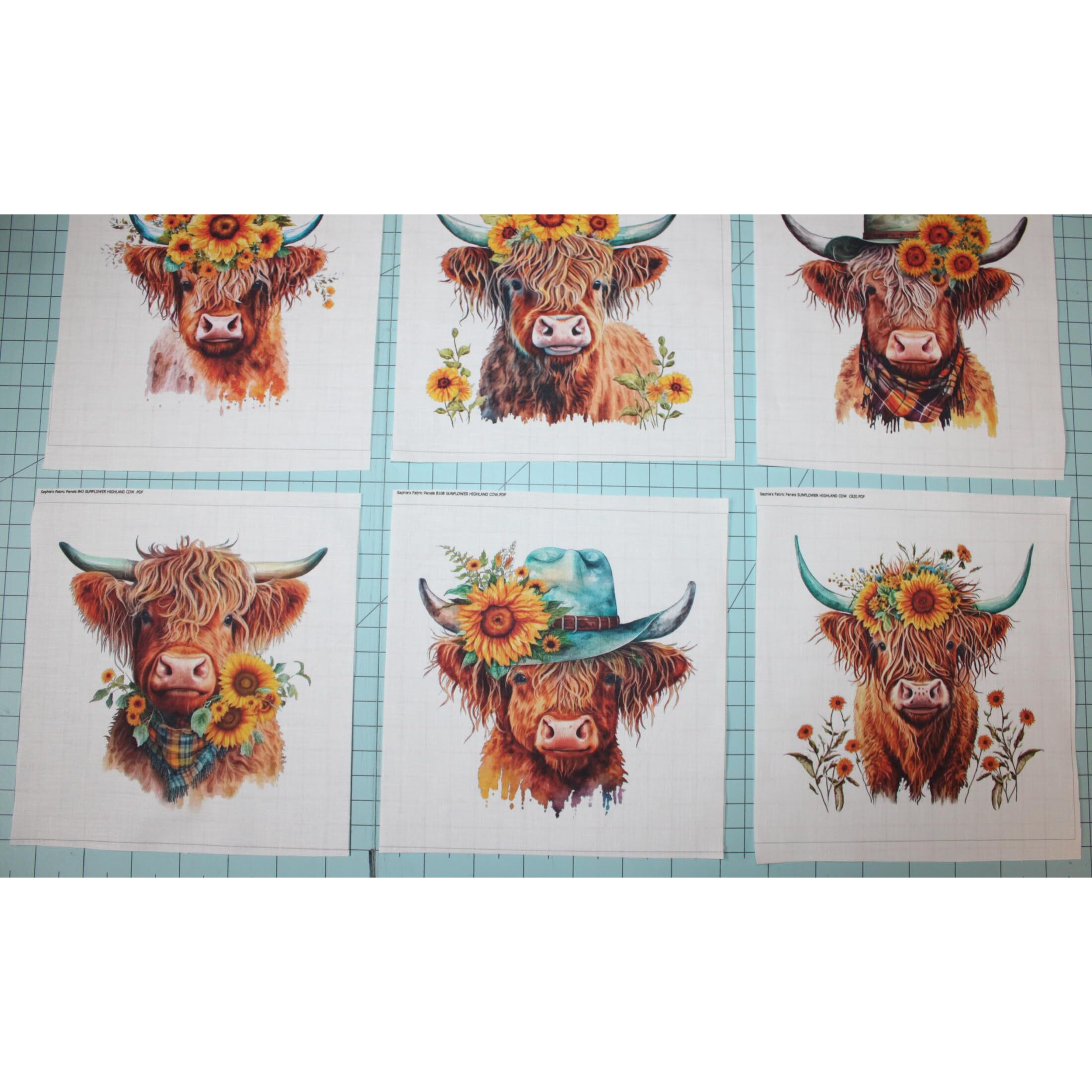 6 Piece 6"&quotX6"" Sunflower Highland Cows 100% Cotton Fabric Panel Squares - Quilting Panel Blocks