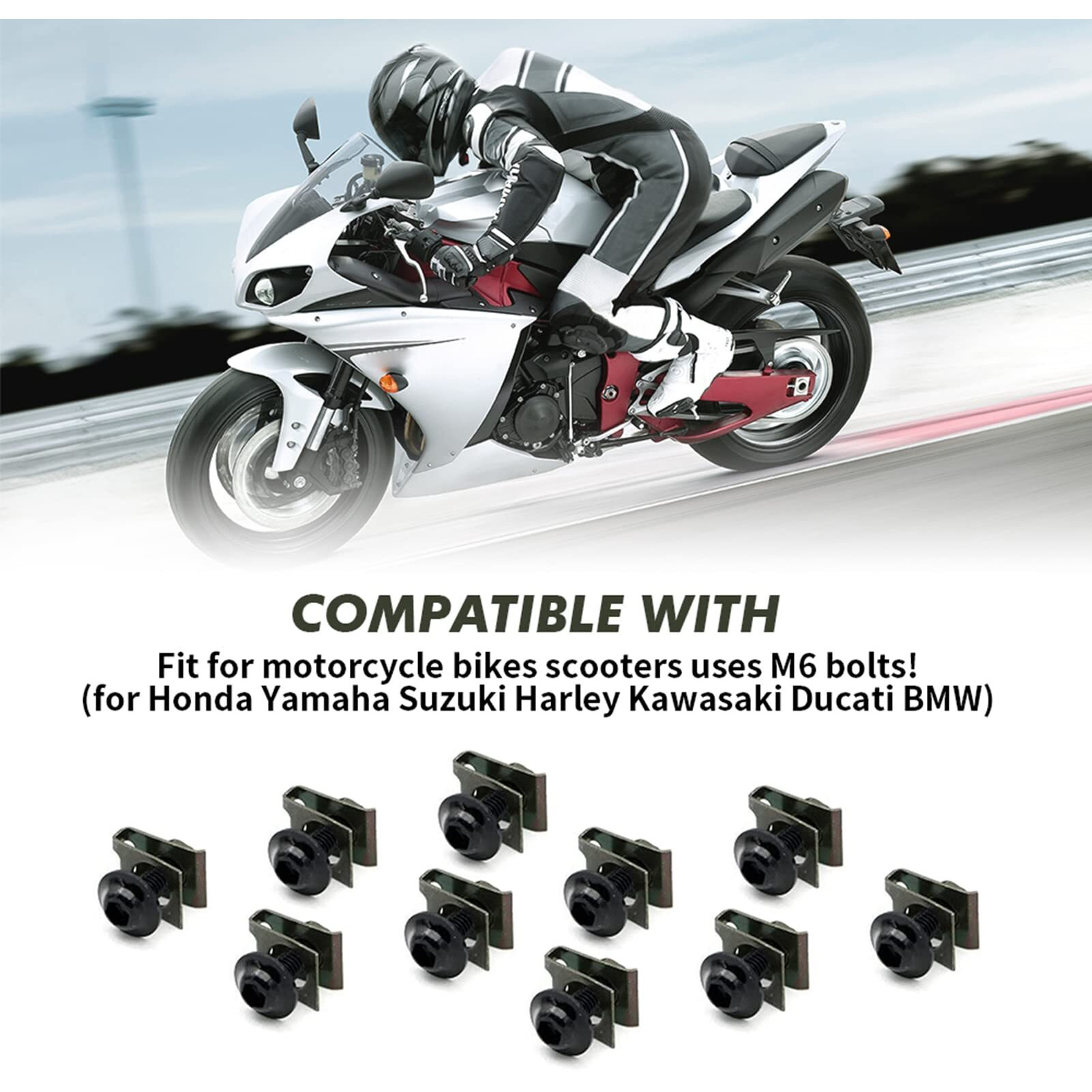 Alpha Rider Body Bolts Screws Metal - Universal U-Nuts Clips 6Mm Screw Clips Metal Fasteners 10 Pcs (Black) For Honda Yamaha Suzuki Kawasaki Ducati Bmw