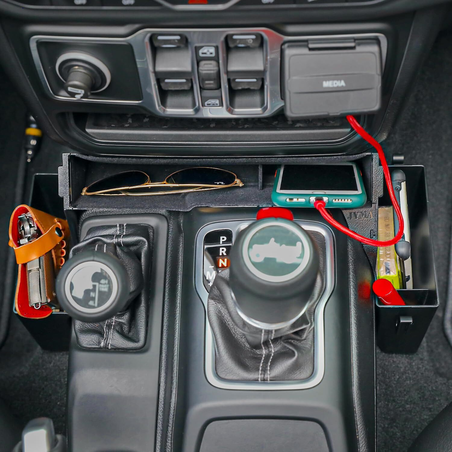 Jvma Center Console Gear Shift Organizer Tray For Jeep Gladiator Accessories And Jeep Wrangler Jl Jlu 2025 2024 2023 2022-2018 Rubicon Sahara 4Xe Storage Box  Car Trash Bag Hook (Us Patent) Interior