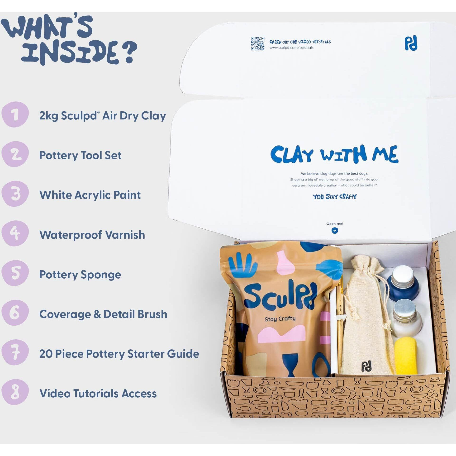 Sculpd Pottery Starter Kit - Air Dry Clay With Gloss Varnish  Tools  Paints And Brushes For Beginners. Step-By-Step Guide Included.