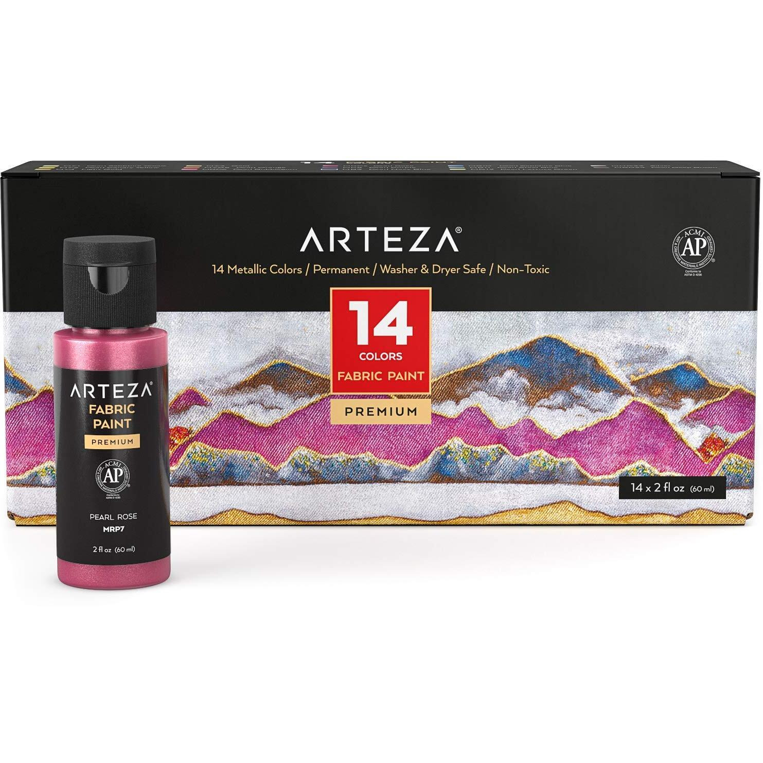 Arteza Metallic Fabric Paint  60 Ml Bottles  Set Of 14  Washer And Dryer Safe  Textile Paint For Clothes  T-Shirts  Jeans  Bags  Shoes  Diy Projects