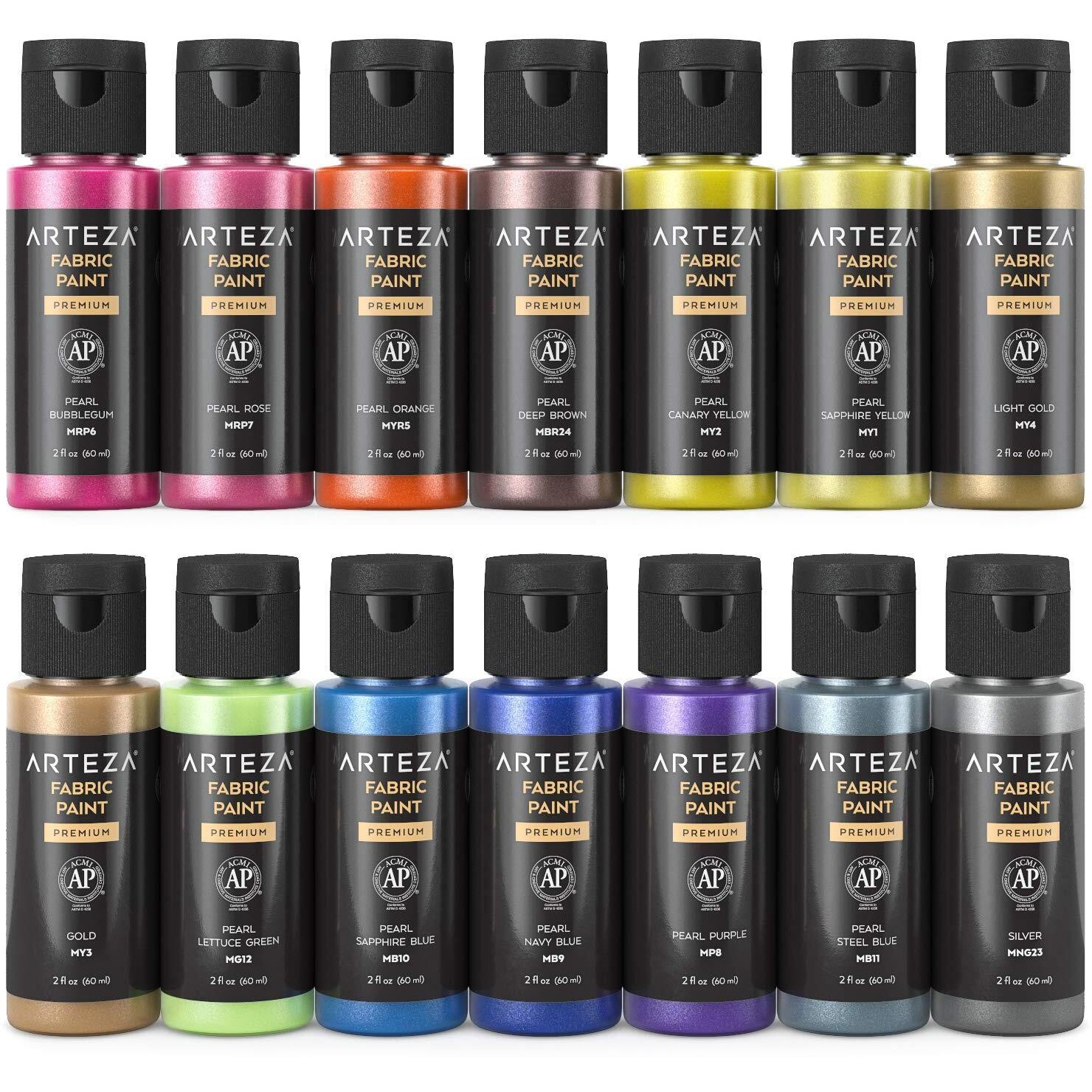 Arteza Metallic Fabric Paint  60 Ml Bottles  Set Of 14  Washer And Dryer Safe  Textile Paint For Clothes  T-Shirts  Jeans  Bags  Shoes  Diy Projects