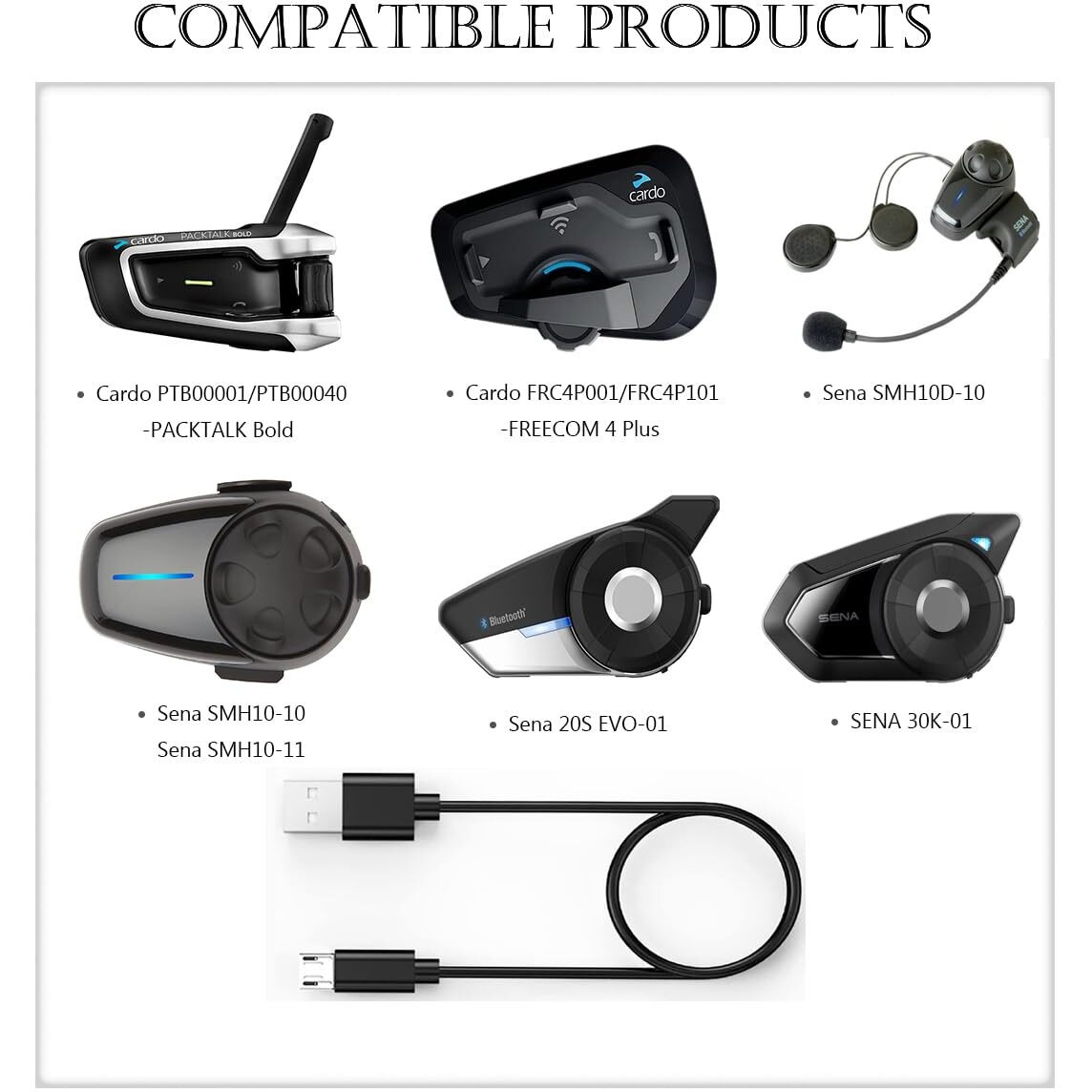 Charger Cable For Cardo Ptb00001/Ptb00040-Packtalk Bold  Frc4P001/Frc4P101-Freecom 4 Plus  Sena Smh10D-10  10-10  10R  10-11  20S-01  Evo  30K-01  Sph10 Motorcycle Bluetooth Headset Micro Cable