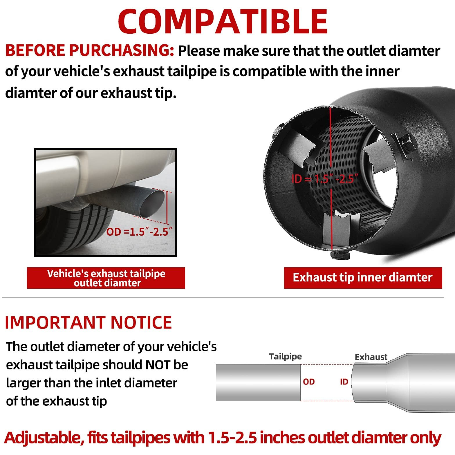 Autosaver88 1.5-2.5 Inch Exhaust Tip  1.5""-2.5"" Inlet 4"" Outlet 9"" Long Black Powdercoat Exhaust Tip With Clamps And Adapters Fit For 1.5""/1.75""/2.0""/2.25""/2.5"" Outer Diameter Tailpipe  Bolt-On