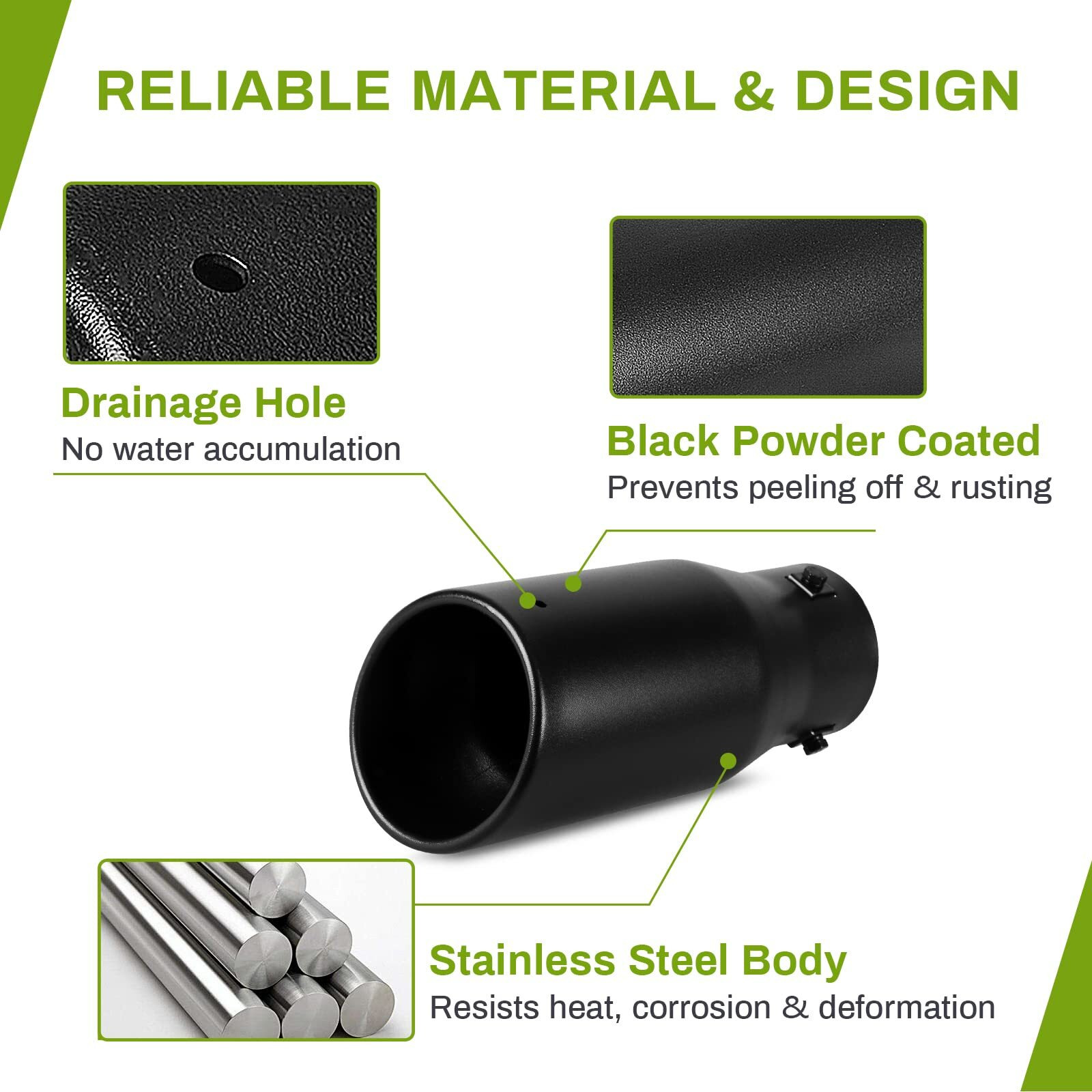 Autosaver88 1.5-2.5 Inch Exhaust Tip  1.5""-2.5"" Inlet 4"" Outlet 9"" Long Black Powdercoat Exhaust Tip With Clamps And Adapters Fit For 1.5""/1.75""/2.0""/2.25""/2.5"" Outer Diameter Tailpipe  Bolt-On