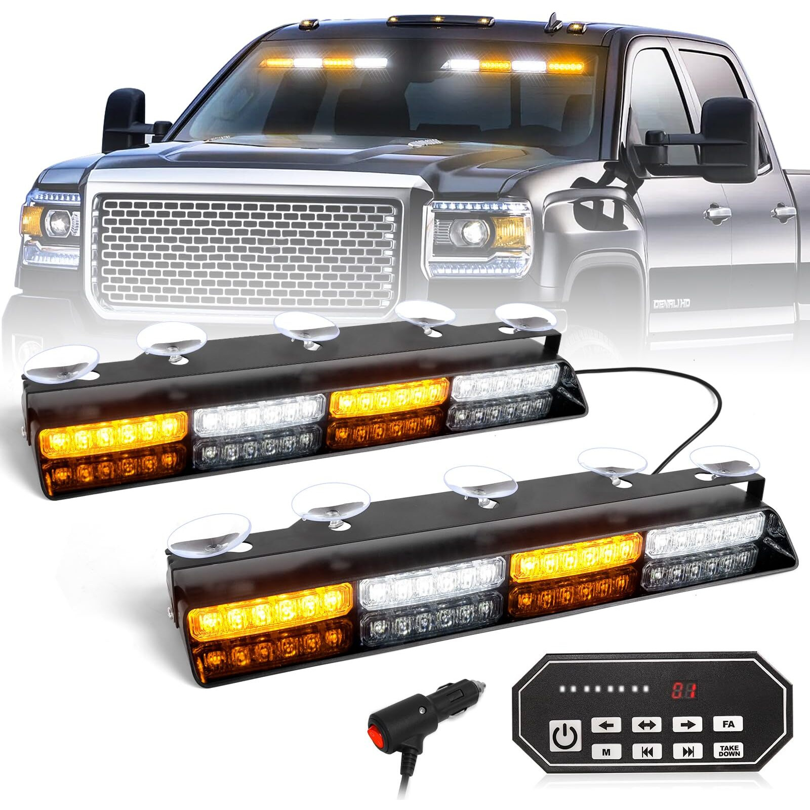 Hlauto 604N Emergency Dash Strobe Lights W/Controller 2X16.8 Inch Amber White Security Light W/Take Down  48 Led Safety Flashing Warning Hazard Interior Windshield Light Bar For Truck Vehicle