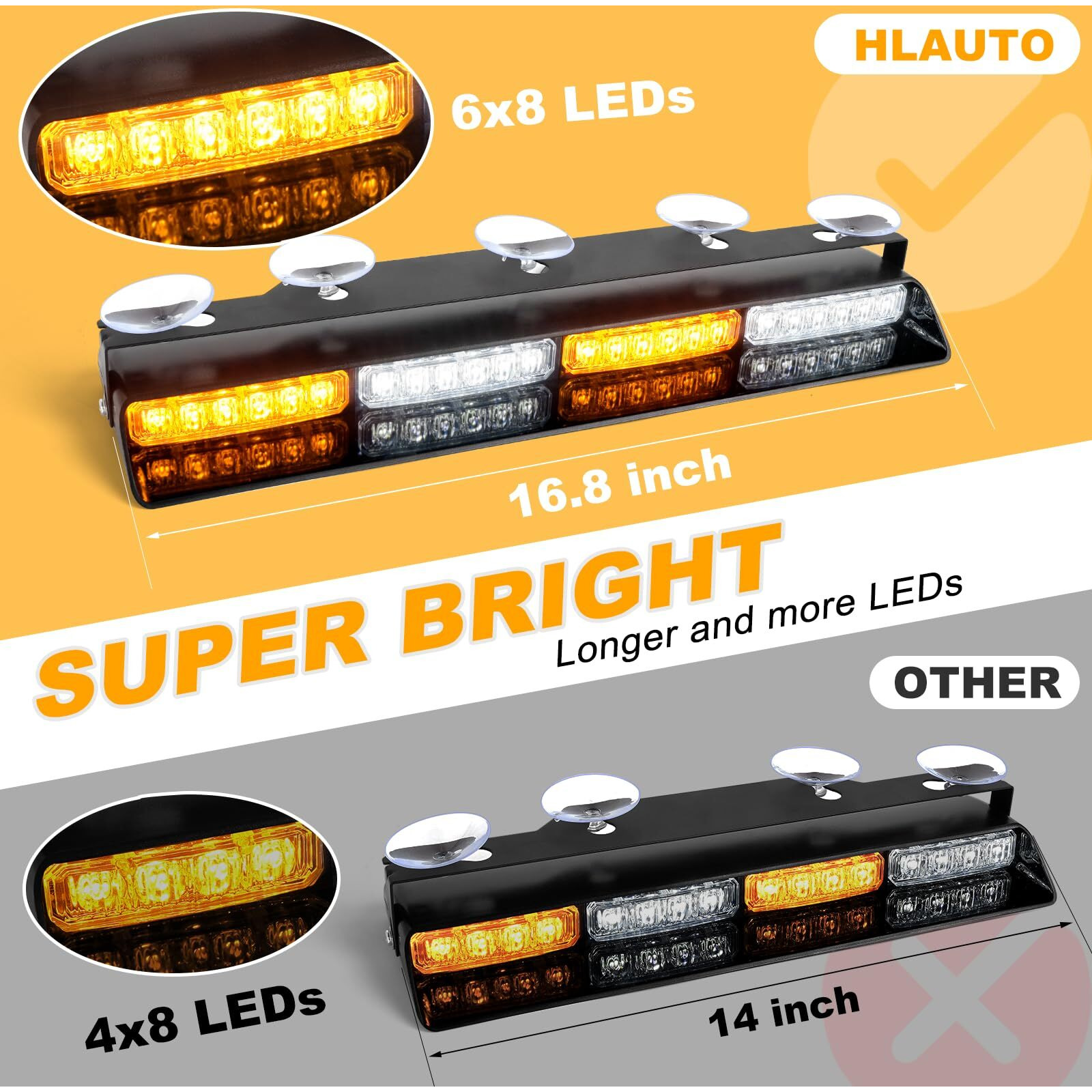 Hlauto 604N Emergency Dash Strobe Lights W/Controller 2X16.8 Inch Amber White Security Light W/Take Down  48 Led Safety Flashing Warning Hazard Interior Windshield Light Bar For Truck Vehicle