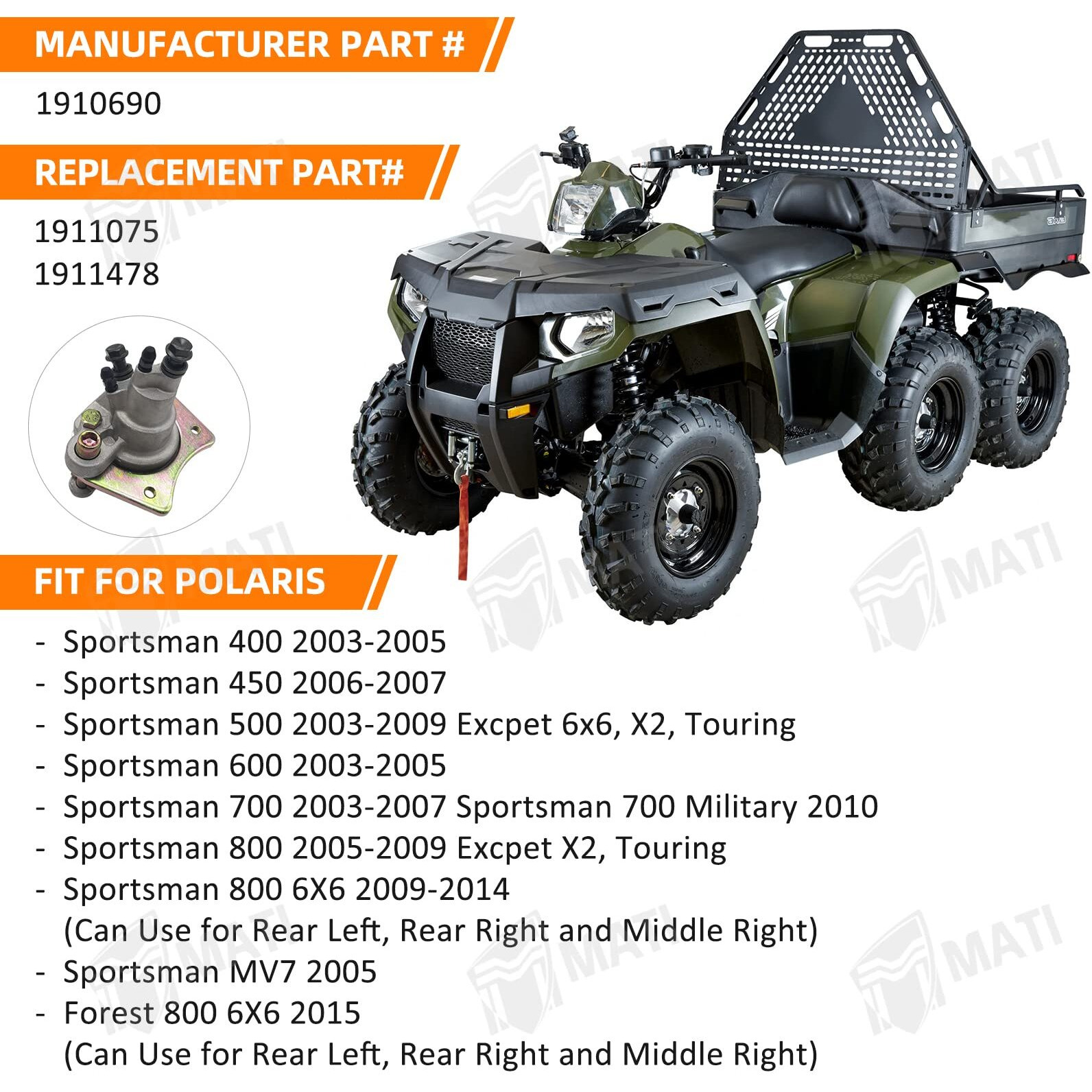 M Mati Rear Brake Master Caliper Assembly For Polaris Sportsman 400 450 500 600 700 800 1911075 1910690 With Pads