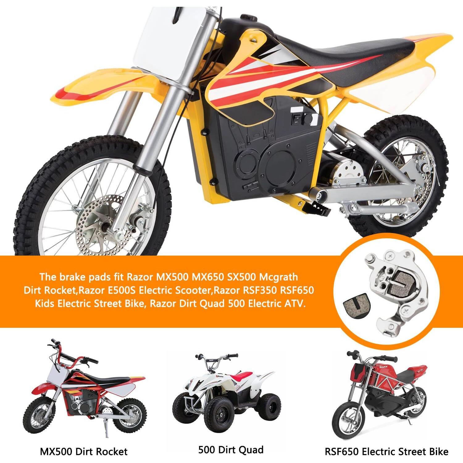 Holato Rounded Disc Brake Pads For Razor Mx500 Mx650 Sx500 Mcgrath Dirt Rocket Electric Motocross Bike E500S Scooter Rsf350 Rsf650 Kids Street Bike Dirt Quad 500 Electric Atv Yk2 Flame Caliper 4 Pcs