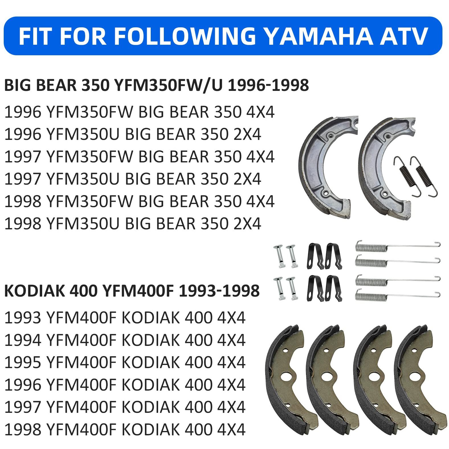 Front & Rear Brake Shoes For Yamaha Big Bear 350 1996-1998 Kodiak 400 1993-1998