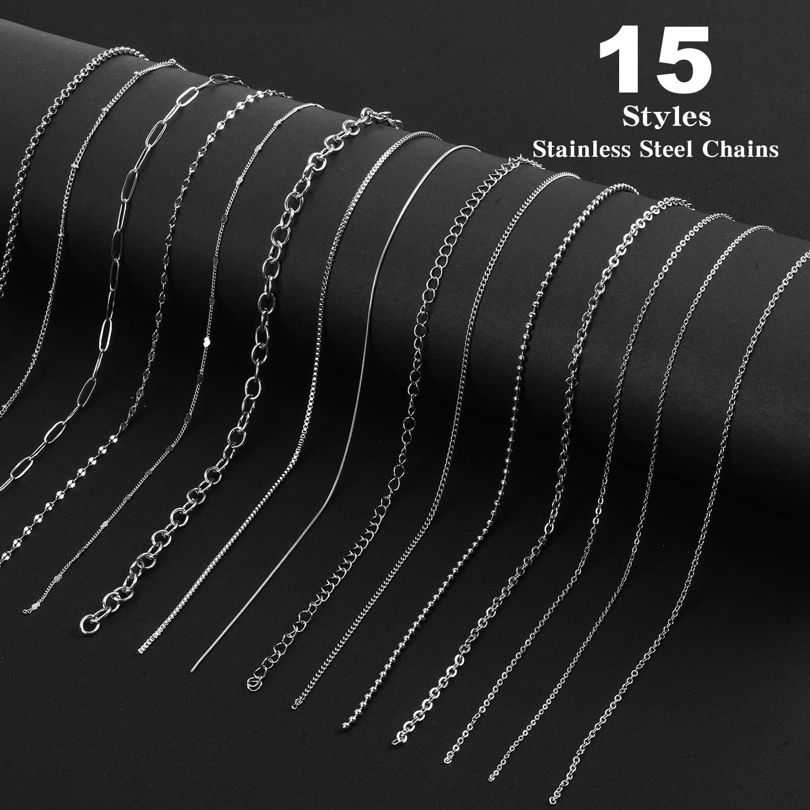 Necklace Chains For Jewelry Making  111.5 Feet 15 Rolls Stainless Steel Jewelry Chains For Diy Necklace Bracelet Jewelry Making Accessories With Stainless Steel Jump Rings/Lobster Clasps/Connectors