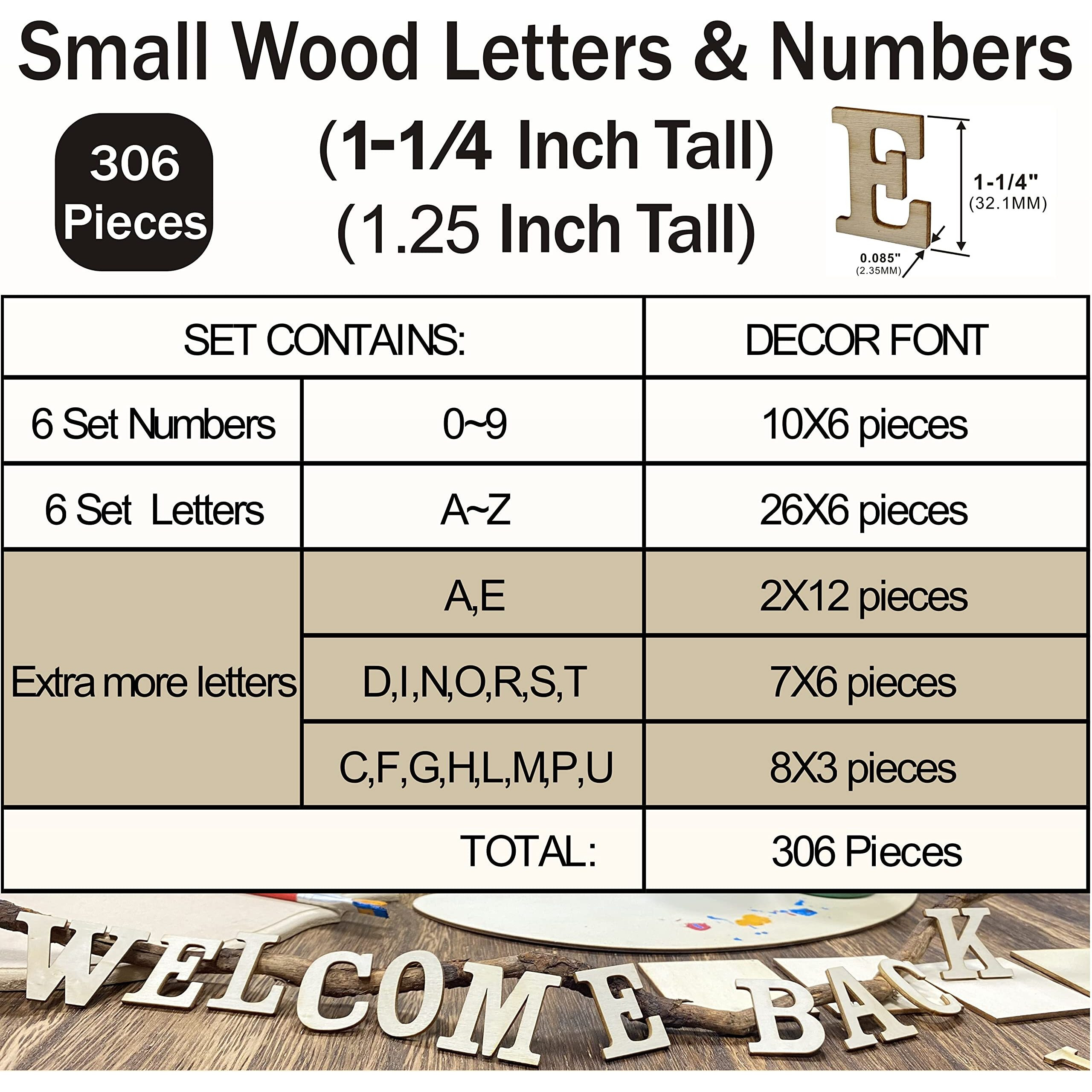 306 Pieces 1-1/4 Inch(1.25"") Small Unfinished Wooden Letters And Wooden Numbers Decorative Font Alphabet Letters For Scrapbooking Diy Crafts Homemade Project