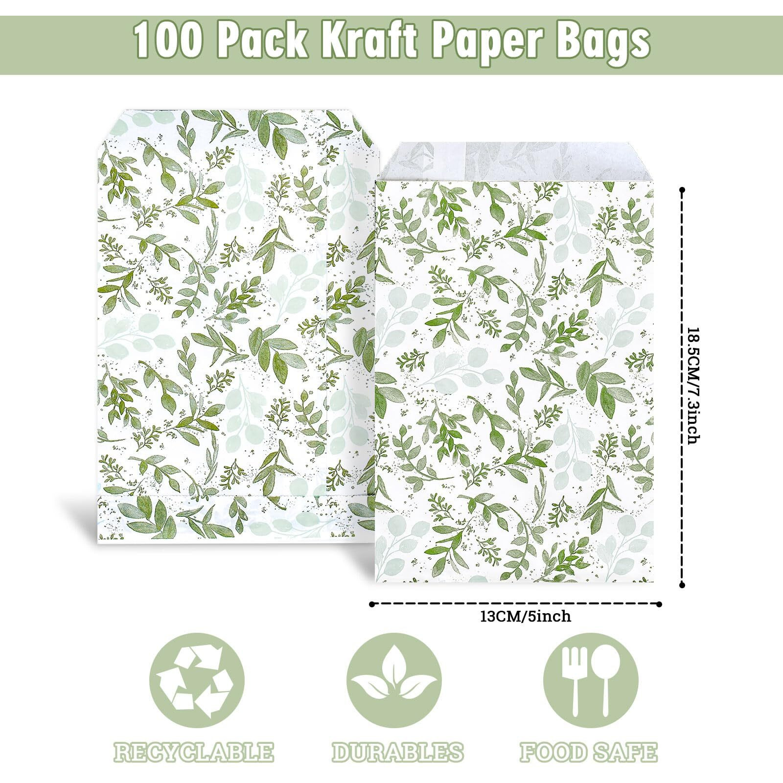 Jarthenaamcs 100Pcs Eucalyptus Party Treat Bag Watercolor Greenery Leaves Paper Gift Bags Elegant Plant Prints Candy Buffet Bags For Wedding Baby Shower Birthday Party Favor