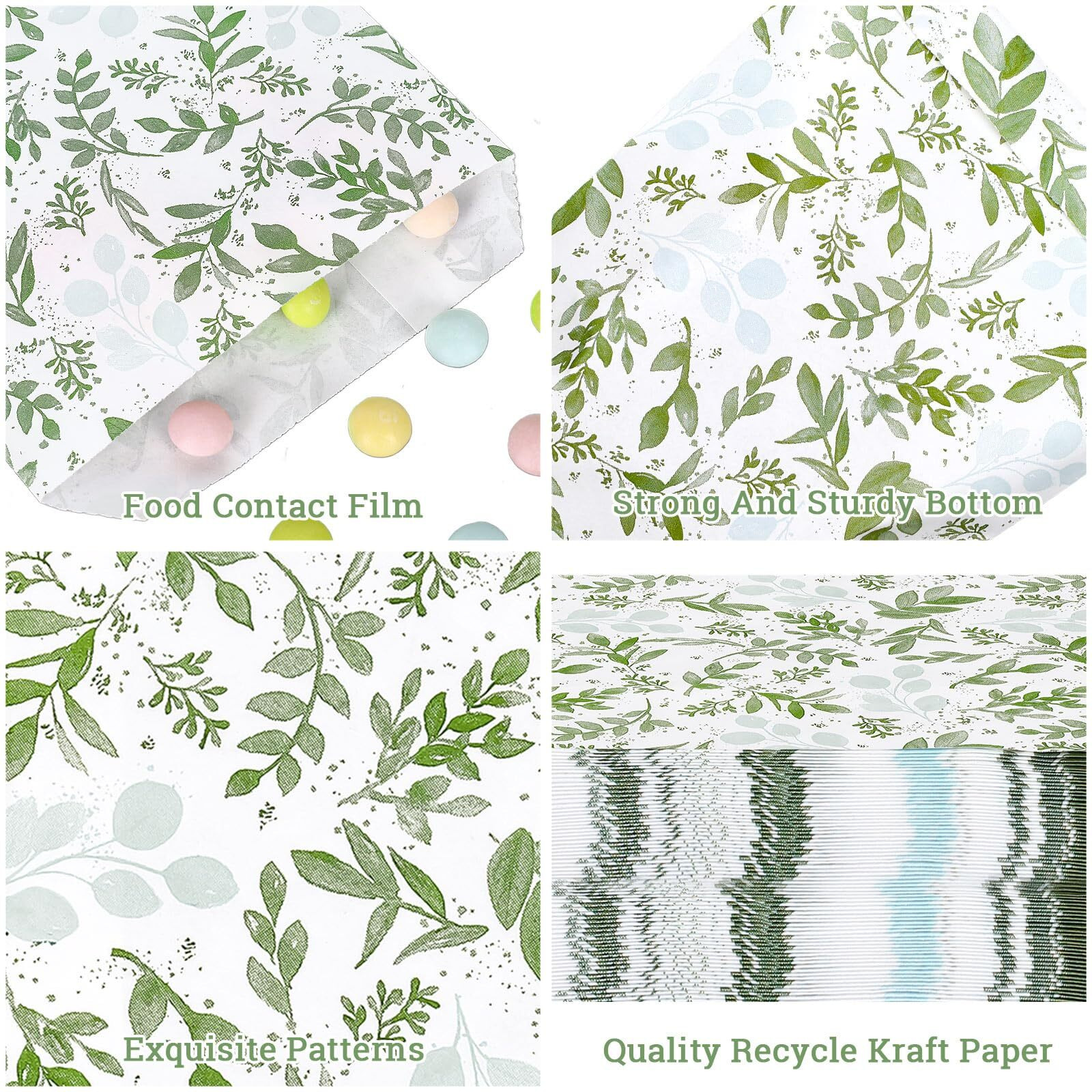 Jarthenaamcs 100Pcs Eucalyptus Party Treat Bag Watercolor Greenery Leaves Paper Gift Bags Elegant Plant Prints Candy Buffet Bags For Wedding Baby Shower Birthday Party Favor