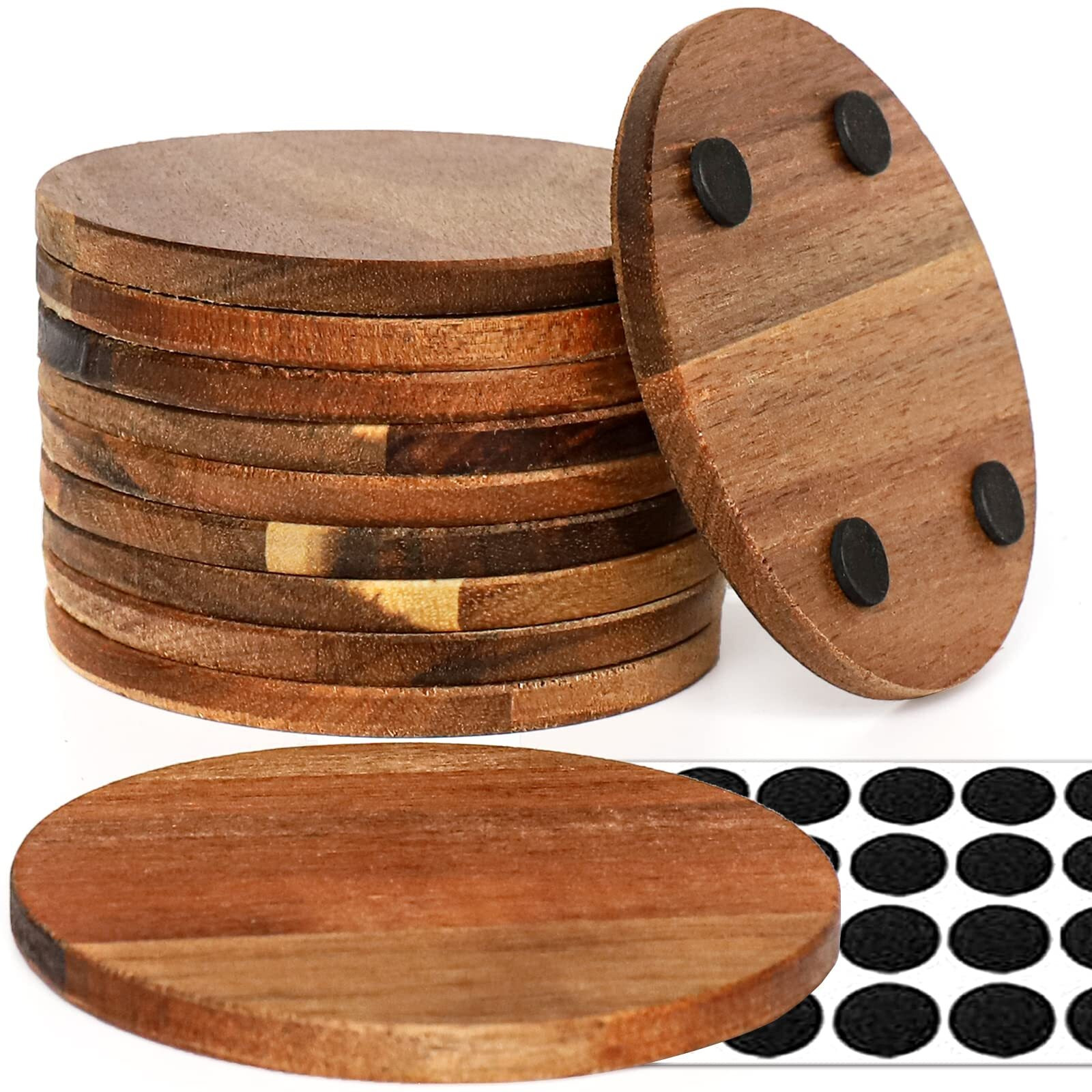 10 Pieces Unfinished Wood Coasters  4 Inch Round Acacia Wooden Coasters For Crafts With Non-Slip Silicon Dots For Diy Stained Painting Wood Engraving Home Decoration