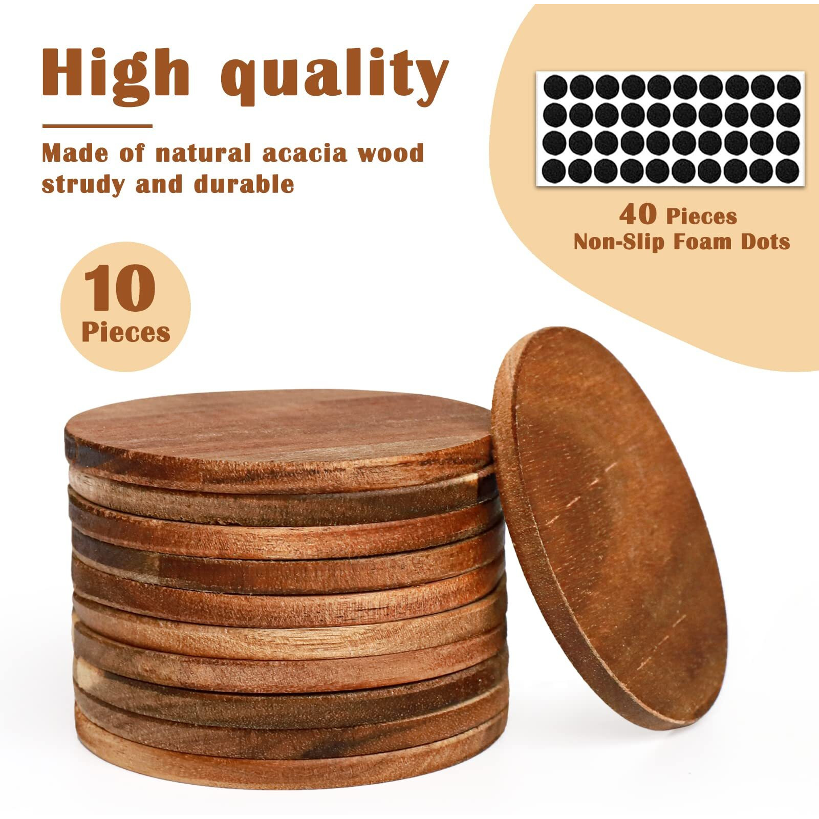 10 Pieces Unfinished Wood Coasters  4 Inch Round Acacia Wooden Coasters For Crafts With Non-Slip Silicon Dots For Diy Stained Painting Wood Engraving Home Decoration